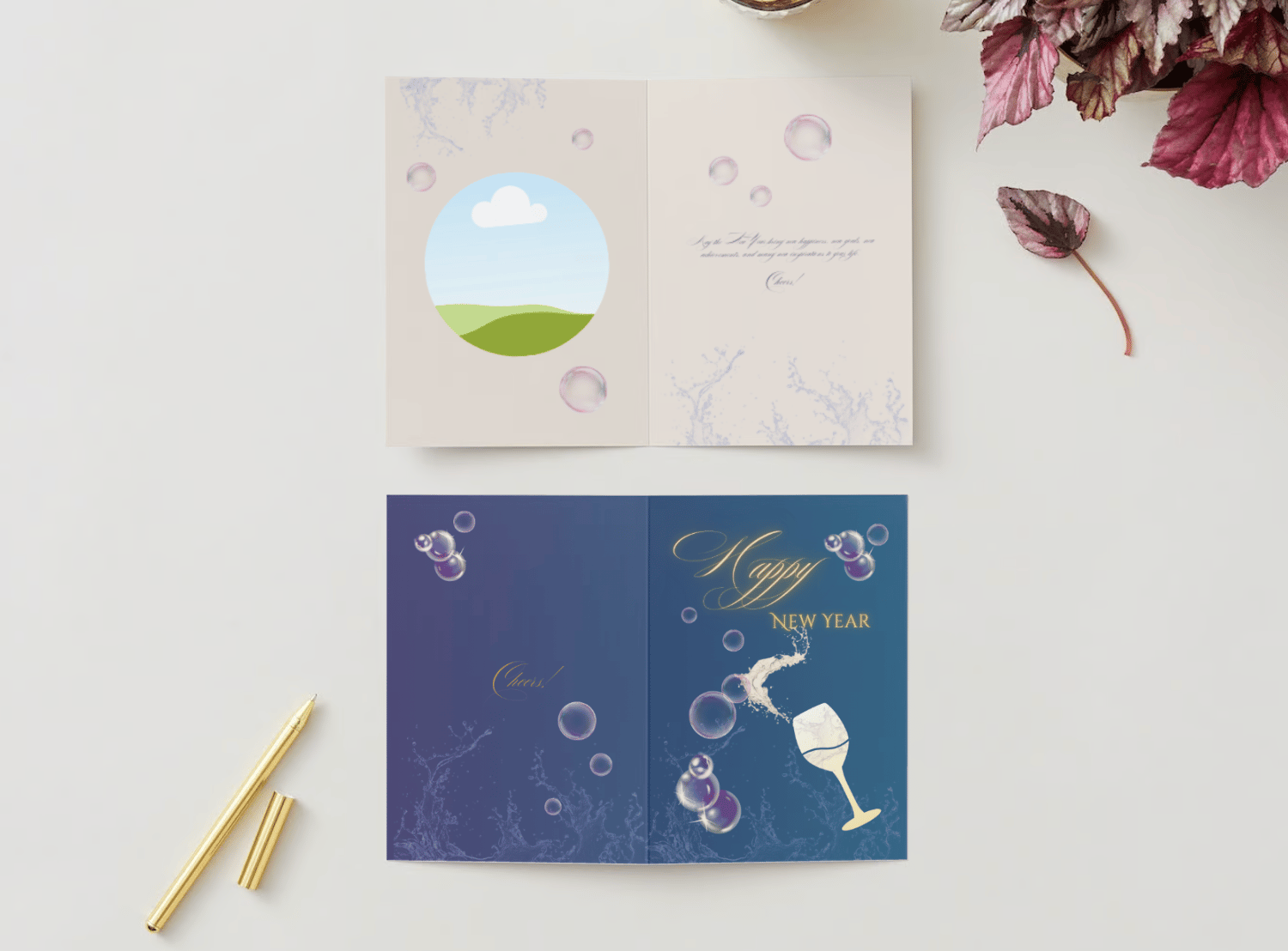 Elegant New Year Toast Canva Template Bundle | 6 Customizable Designs | Holiday Season Digital Download. Mock card portrait outside and inside views