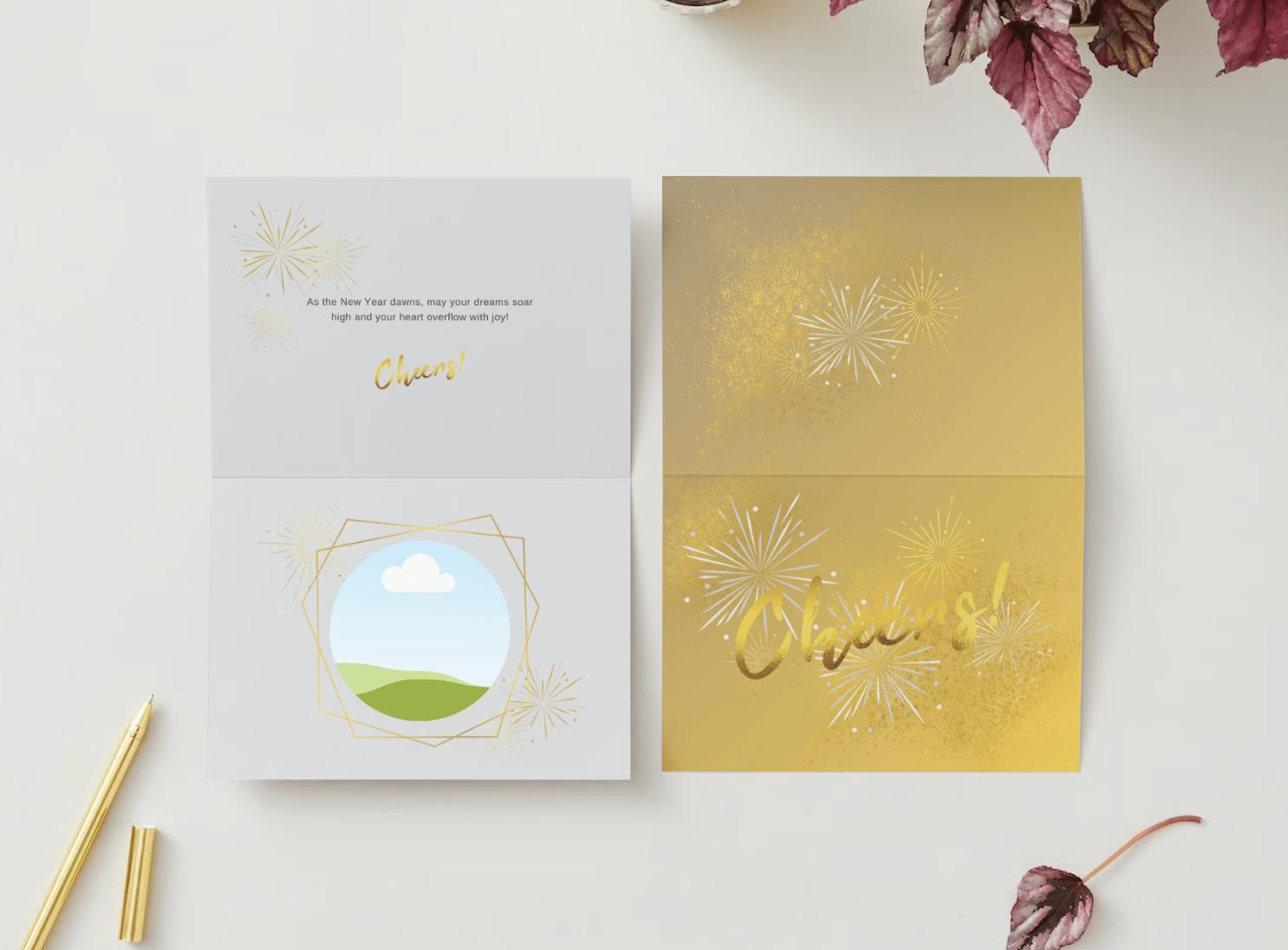 Bold Cheers Celebration Canva Template Bundle | 6 Customizable Designs | Holiday Season Digital Download. Mock card landscape outside and inside views