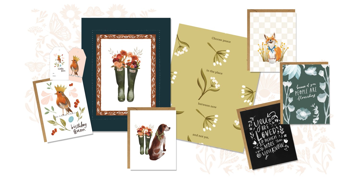 Portfolio of various greeting cards and wall art prints illustrated and designed by Stephanie Stephens of Joymark Studio