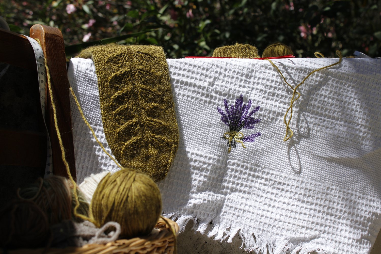 Olive green hand knit sock, a sock being knit and a basket of yarn, in a sunny garden in Provence, the South of France. The sock has a leaf motif.