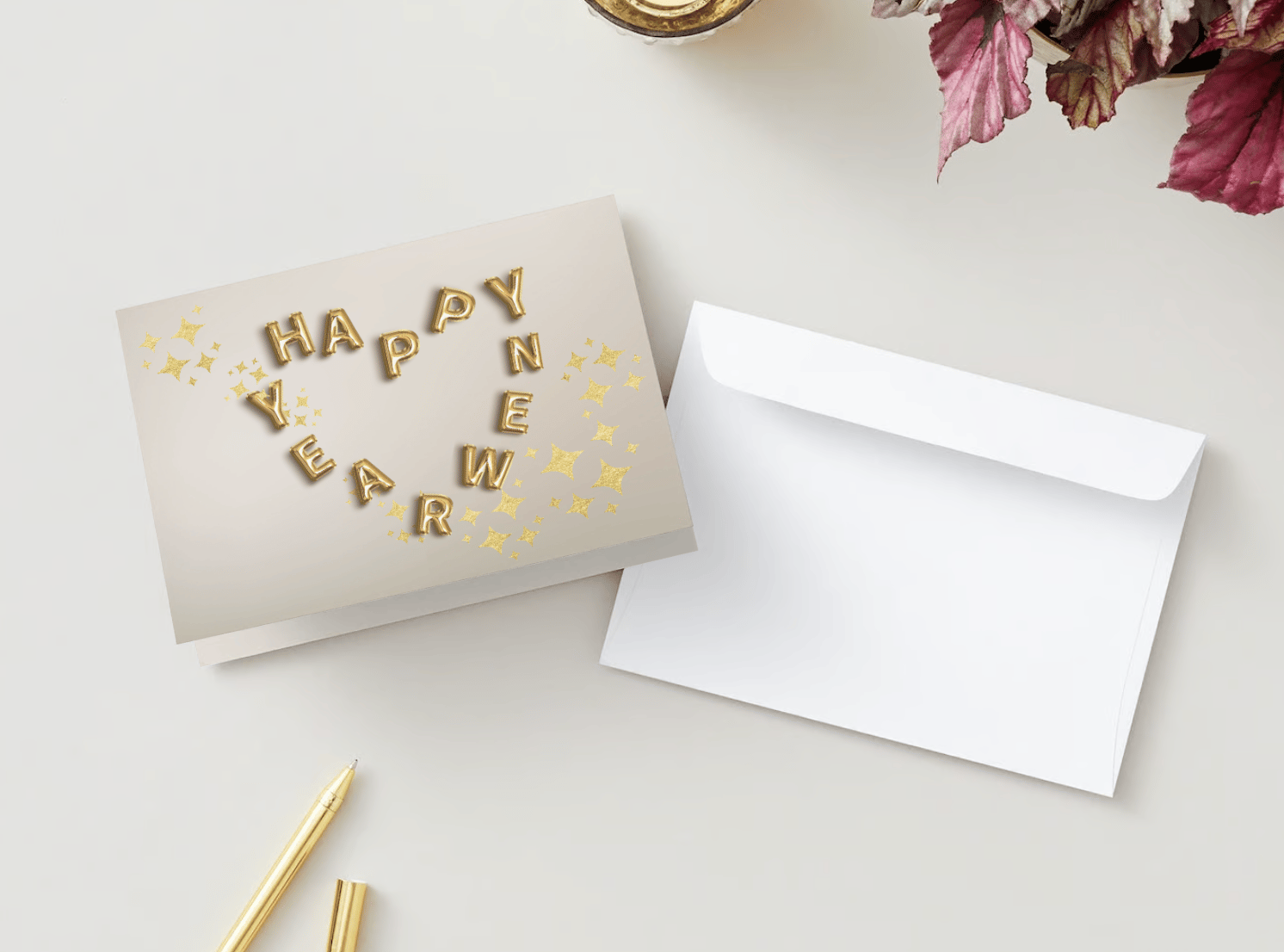 Customizable Heart-Shaped New Year Balloons Folded Card Landscape | Digital Canva Template. Mock card outside front view with envelope