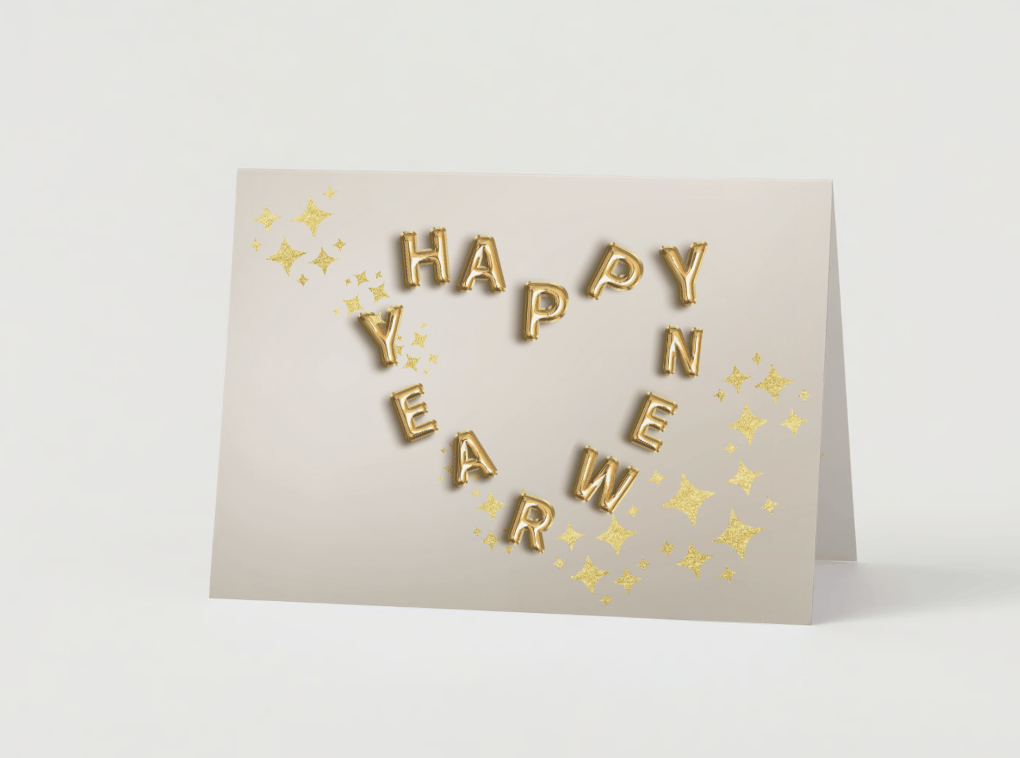 Customizable Heart-Shaped New Year Balloons Folded Card Landscape | Digital Canva Template. Mock card outside front view