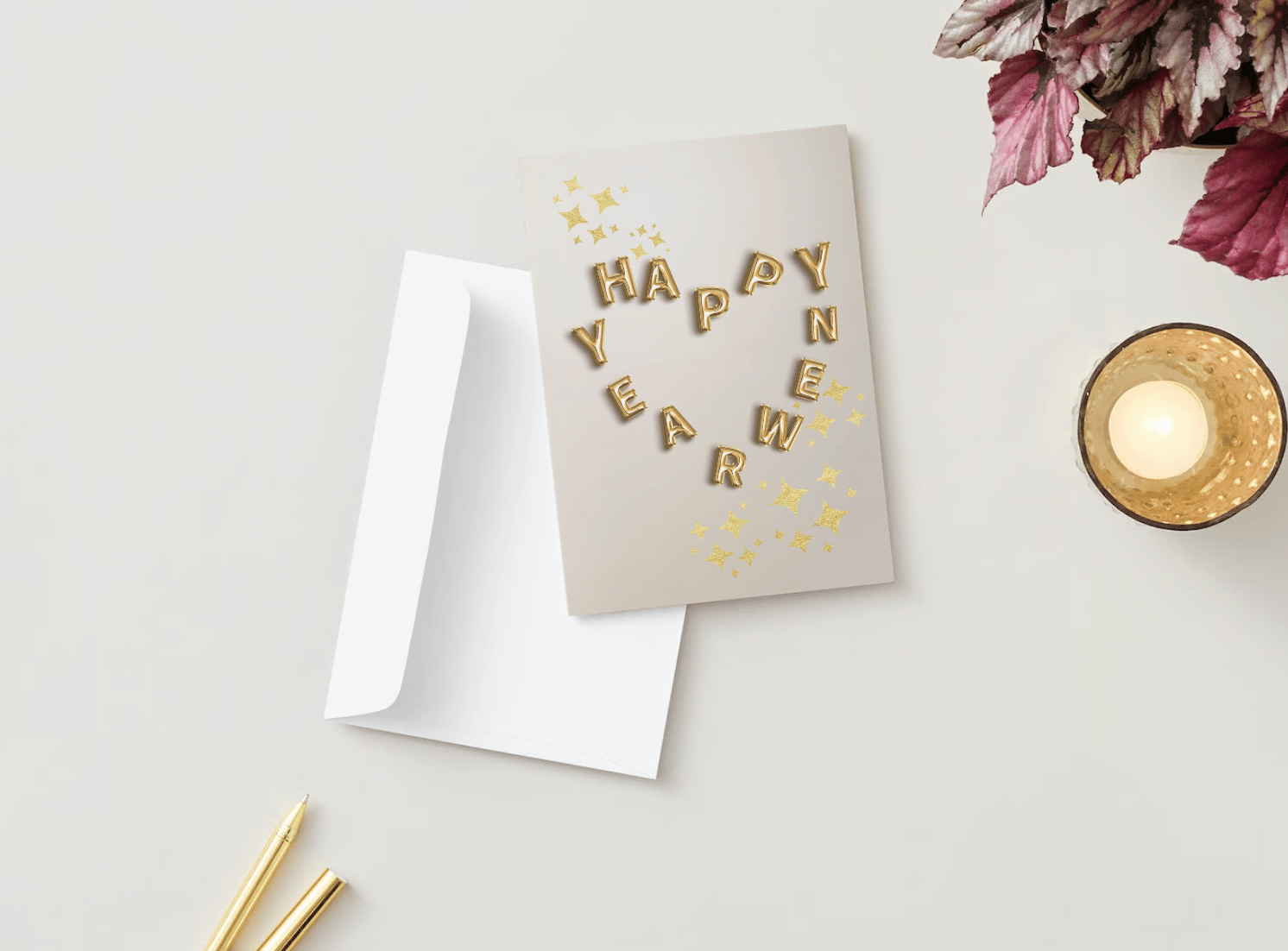 Customizable Heart-Shaped New Year Balloons Folded Card Portrait | Digital Canva Template. Mock card outside front view with envelope