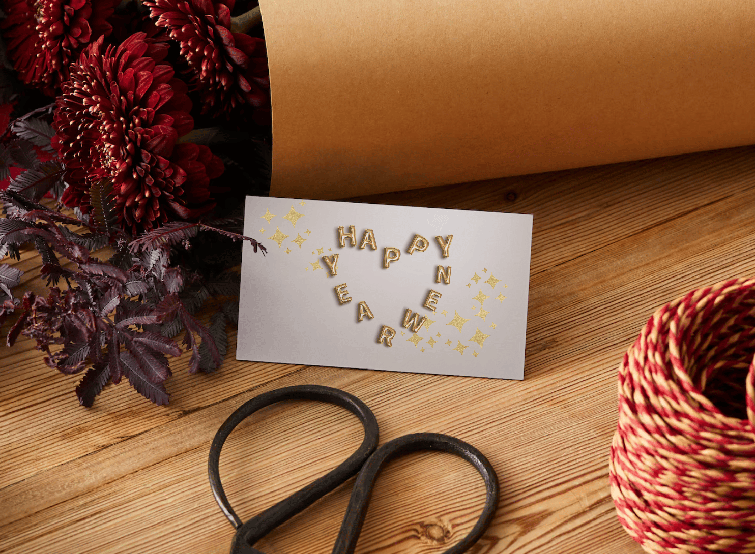 Customizable Heart-Shaped New Year Balloons Gift/Favor Tag| Digital Canva Template. Mock card front view