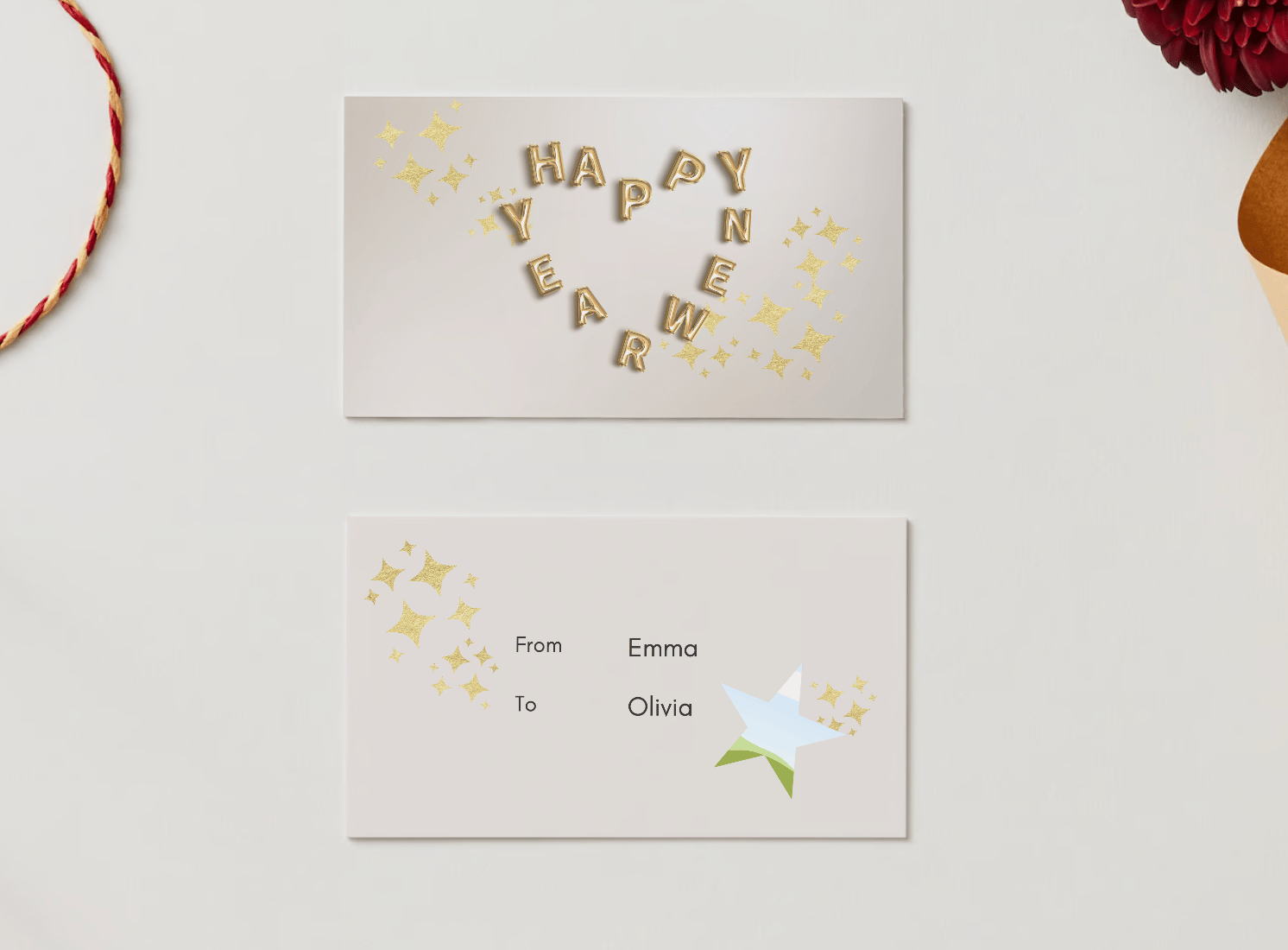 Customizable Heart-Shaped New Year Balloons Gift/Favor Tag| Digital Canva Template. Mock card front and back views