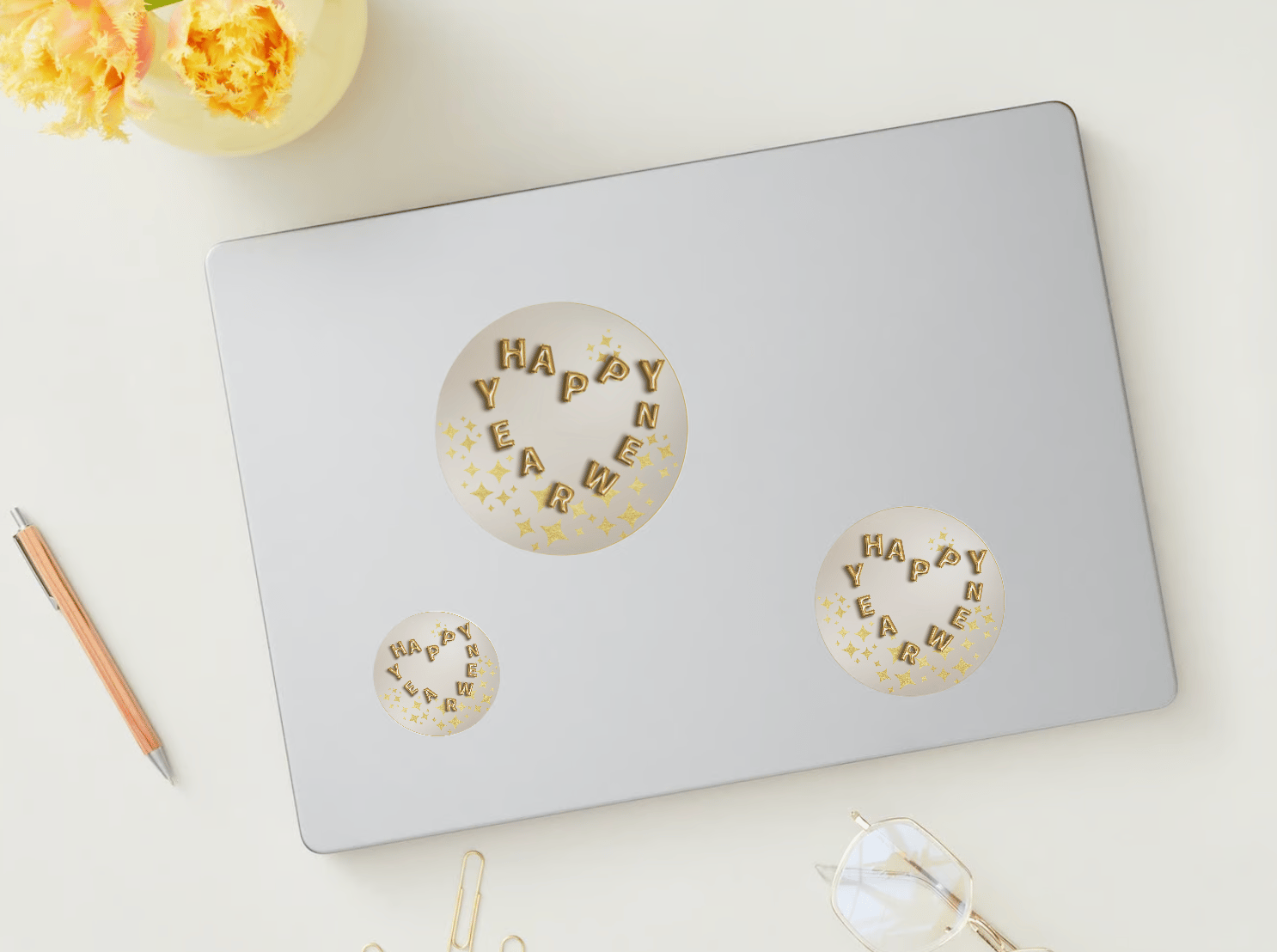 Customizable Heart-Shaped New Year Balloons Circle Sticker | Digital Canva Template. Mock stickers in various sizes