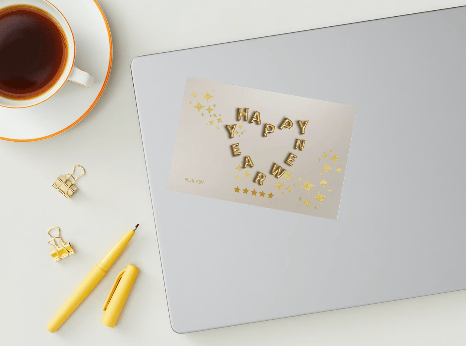 Customizable Heart-Shaped New Year Balloons Sticker Label 6"x4" | Digital Canva Template. Mock sticker on laptop