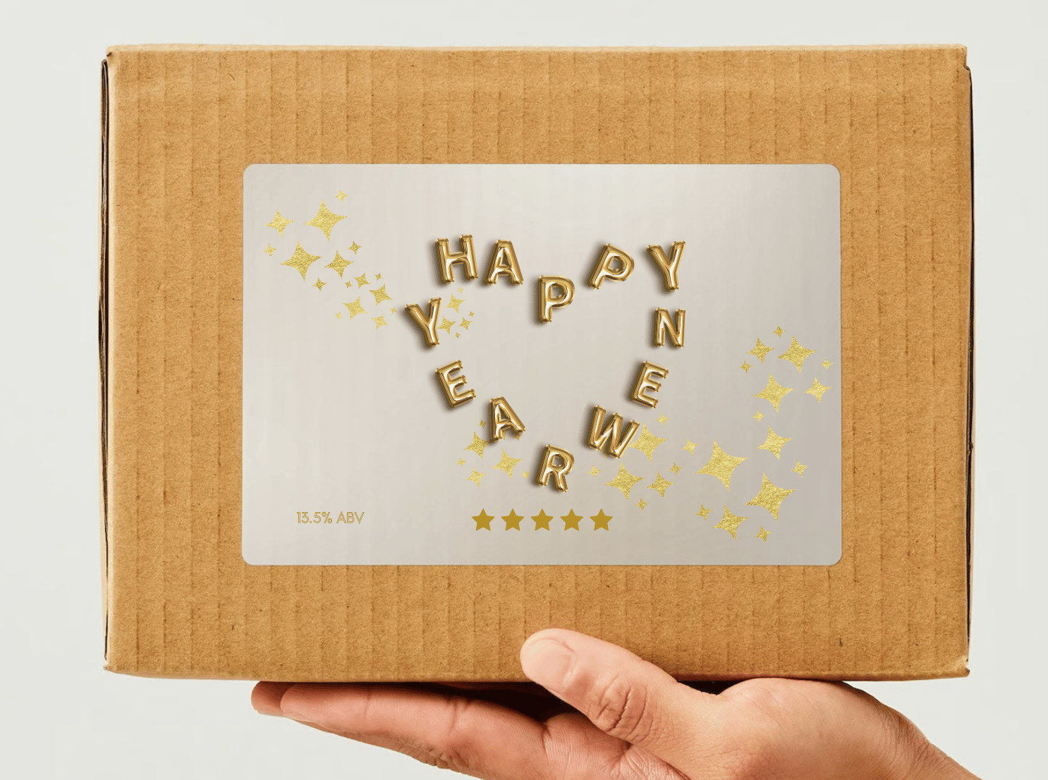 Customizable Heart-Shaped New Year Balloons Sticker Label 6"x4" | Digital Canva Template. Mock sticker on box