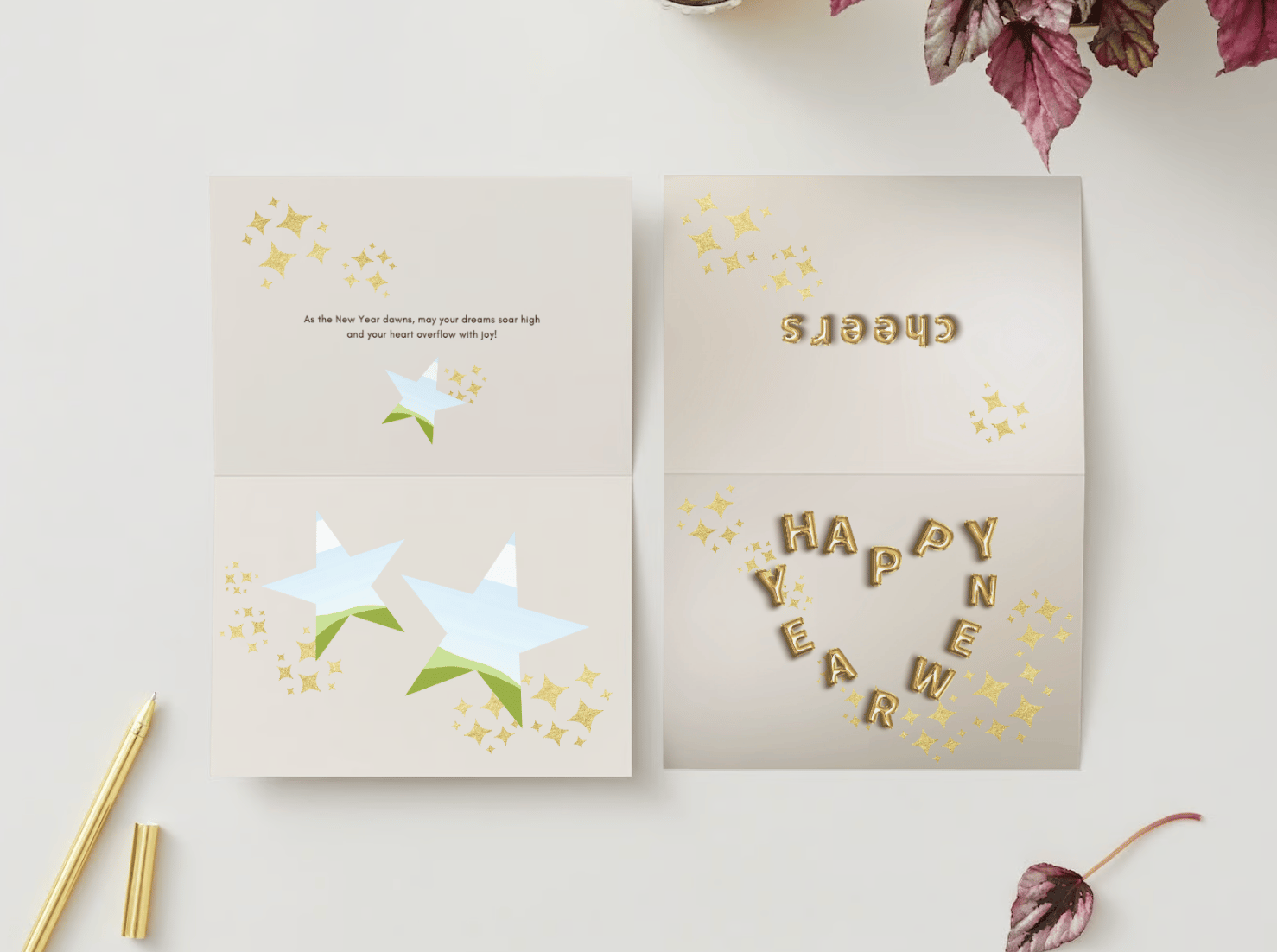 Elegant New Year Toast Canva Template Bundle | 6 Customizable Designs | Holiday Season Digital Download. Mock card landscape outside and inside views
