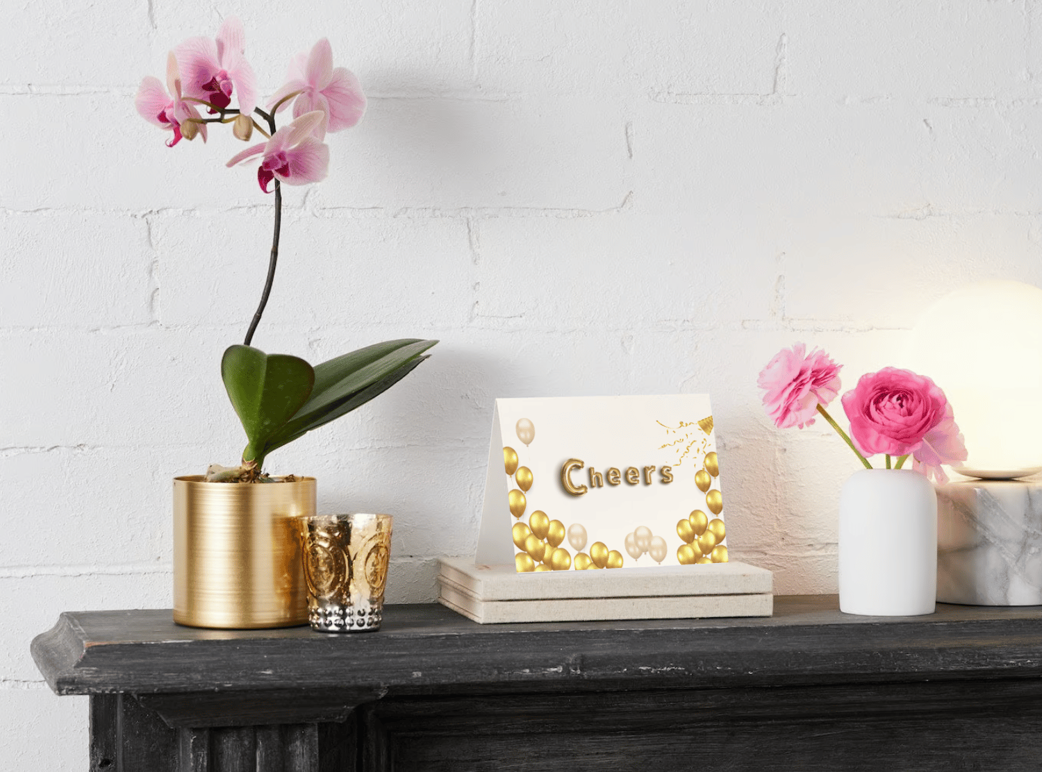 Customizable Cheers Celebration Balloons Folded Card Landscape | Digital Canva Template. Mock card outside front view as display