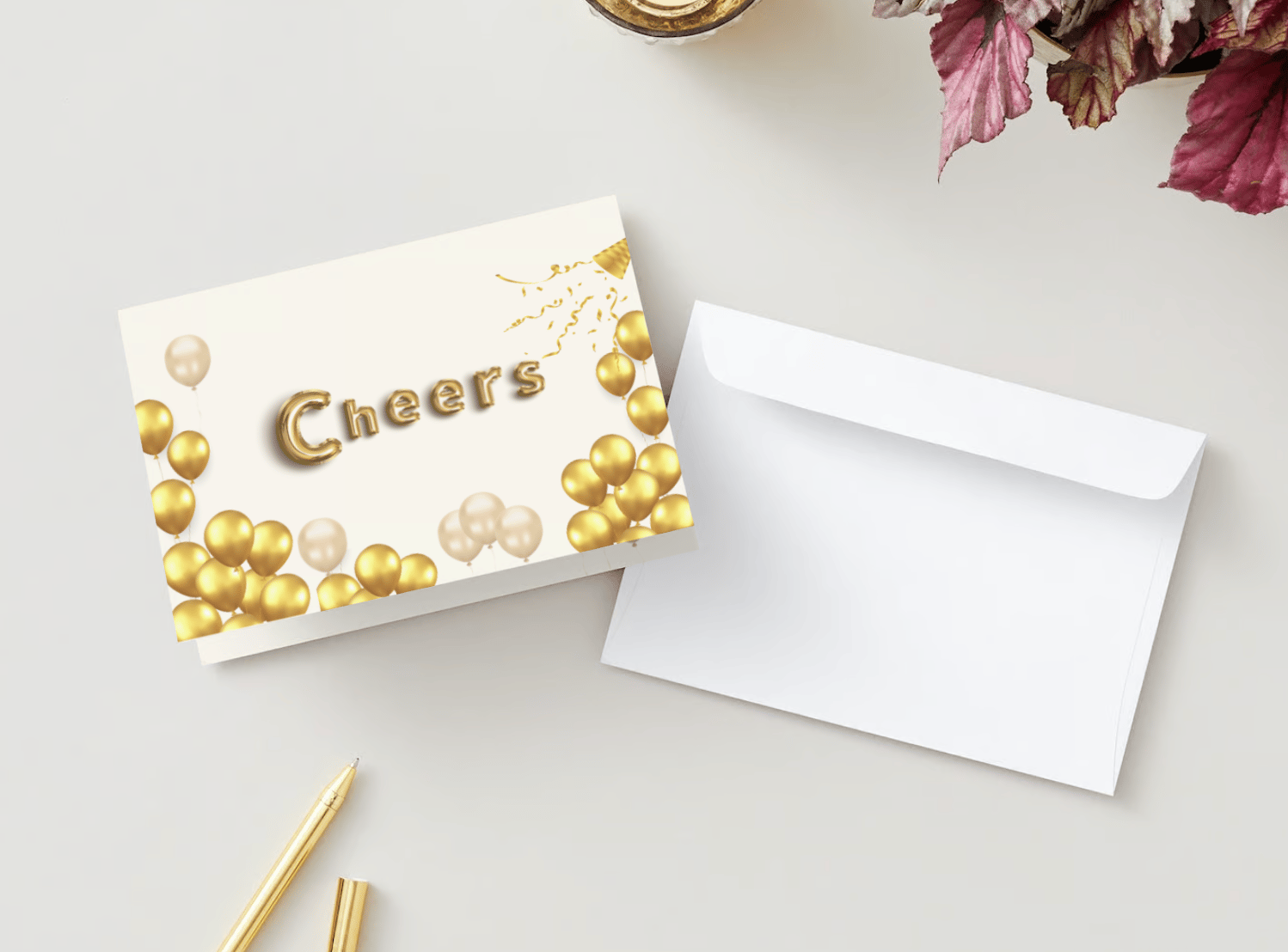 Customizable Cheers Celebration Balloons Folded Card Landscape | Digital Canva Template. Mock card outside front view with envelope
