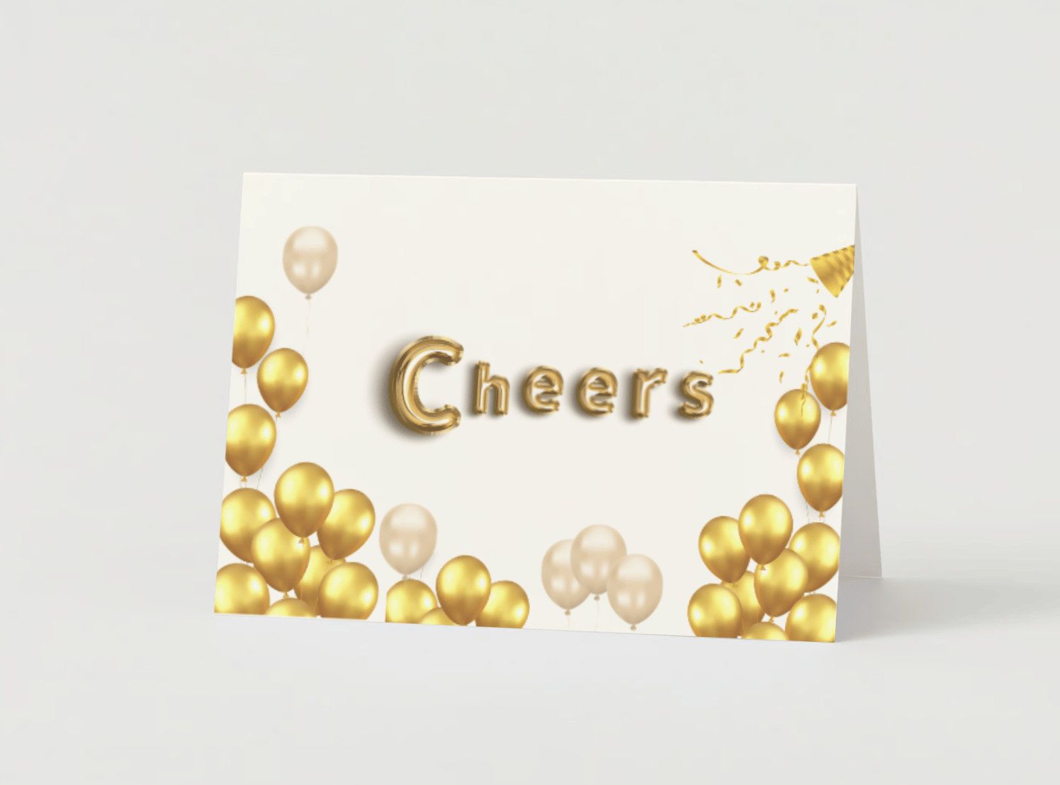 Customizable Cheers Celebration Balloons Folded Card Landscape | Digital Canva Template. Mock card outside front viw