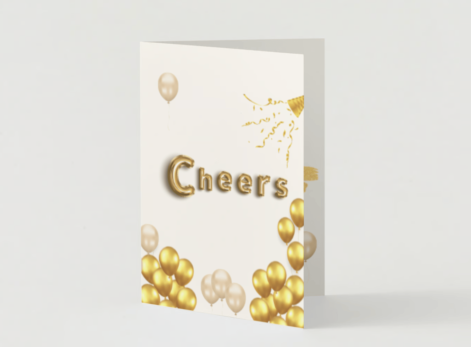 Customizable Cheers Celebration Balloons Folded Card Portrait | Digital Canva Template. Mock card outside front view