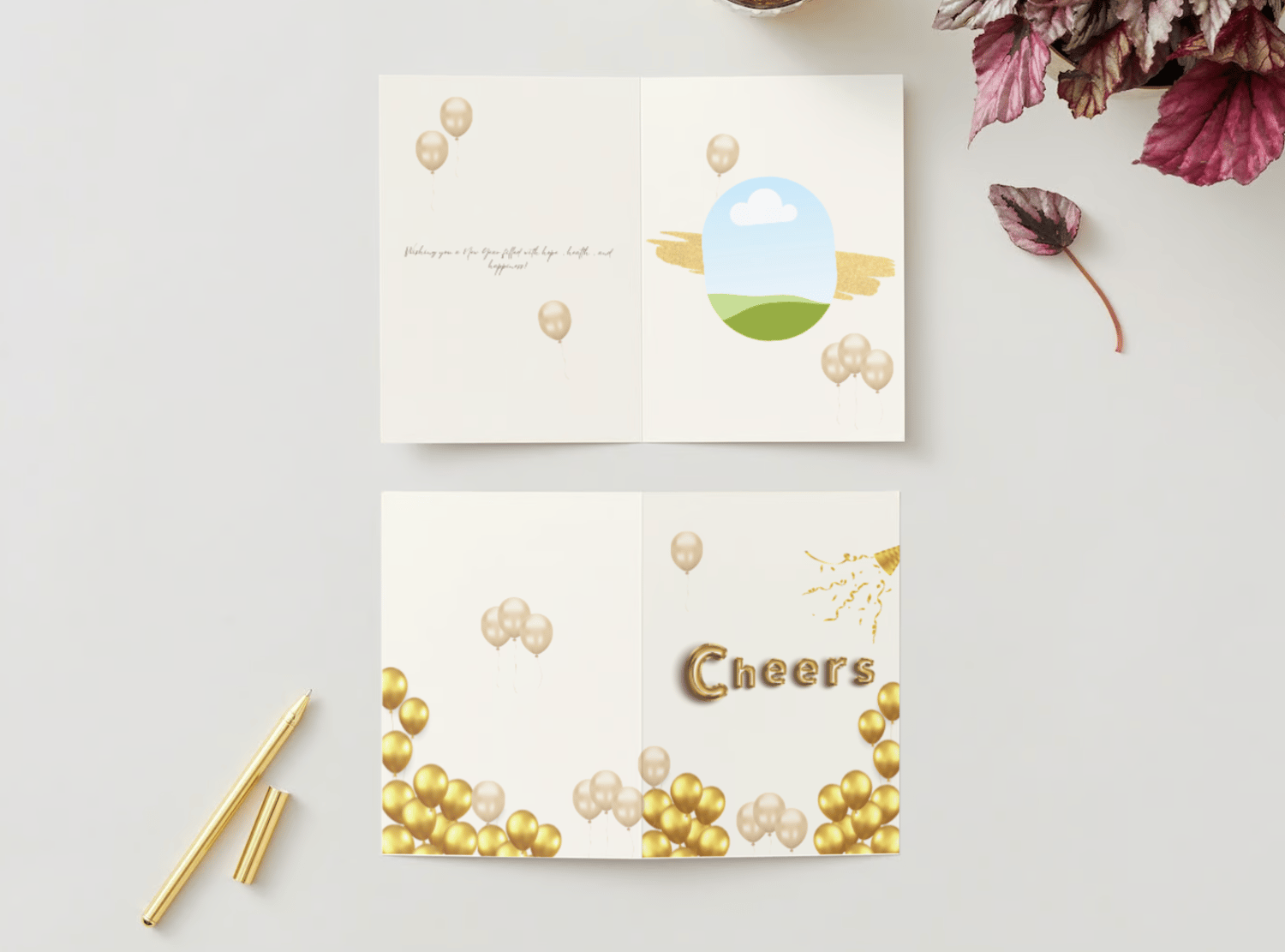 Customizable Cheers Celebration Balloons Folded Card Portrait | Digital Canva Template. Mock card outside and inside views