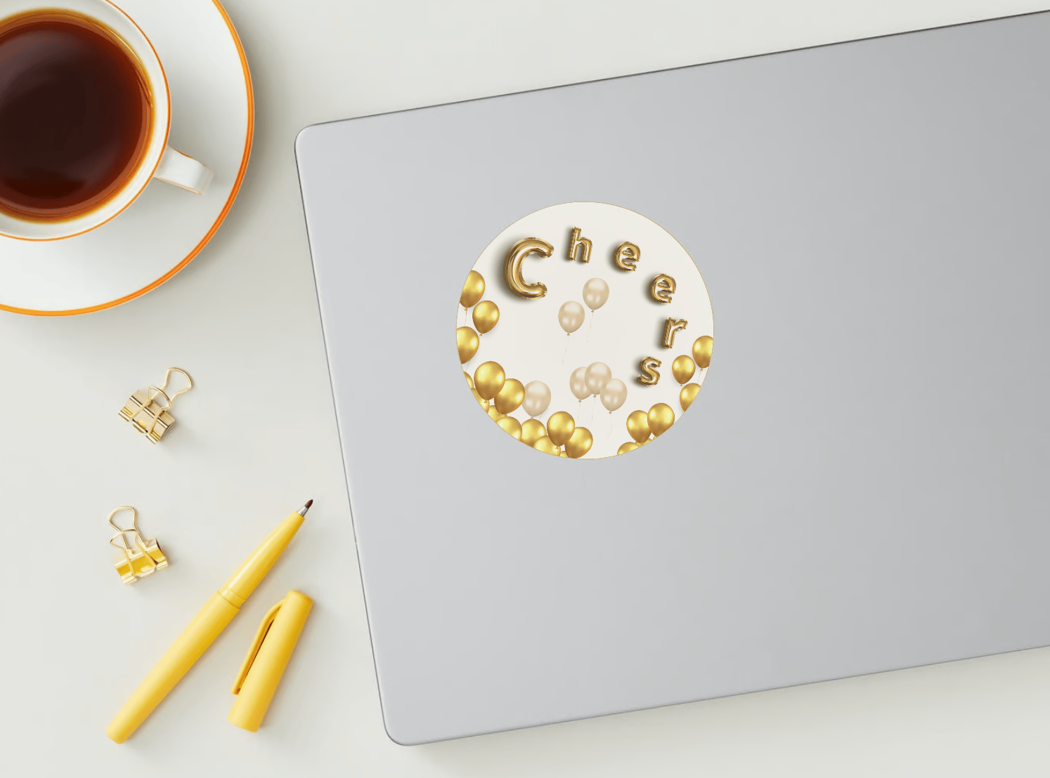 Customizable Cheers Celebration Balloons Circle Sticker | Digital Canva Template. Mock sticker on laptop