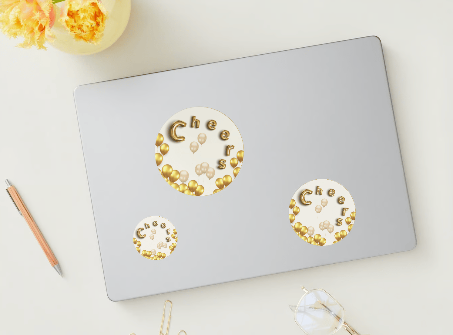 Customizable Cheers Celebration Balloons Circle Sticker | Digital Canva Template. Mock stickers in various sizes