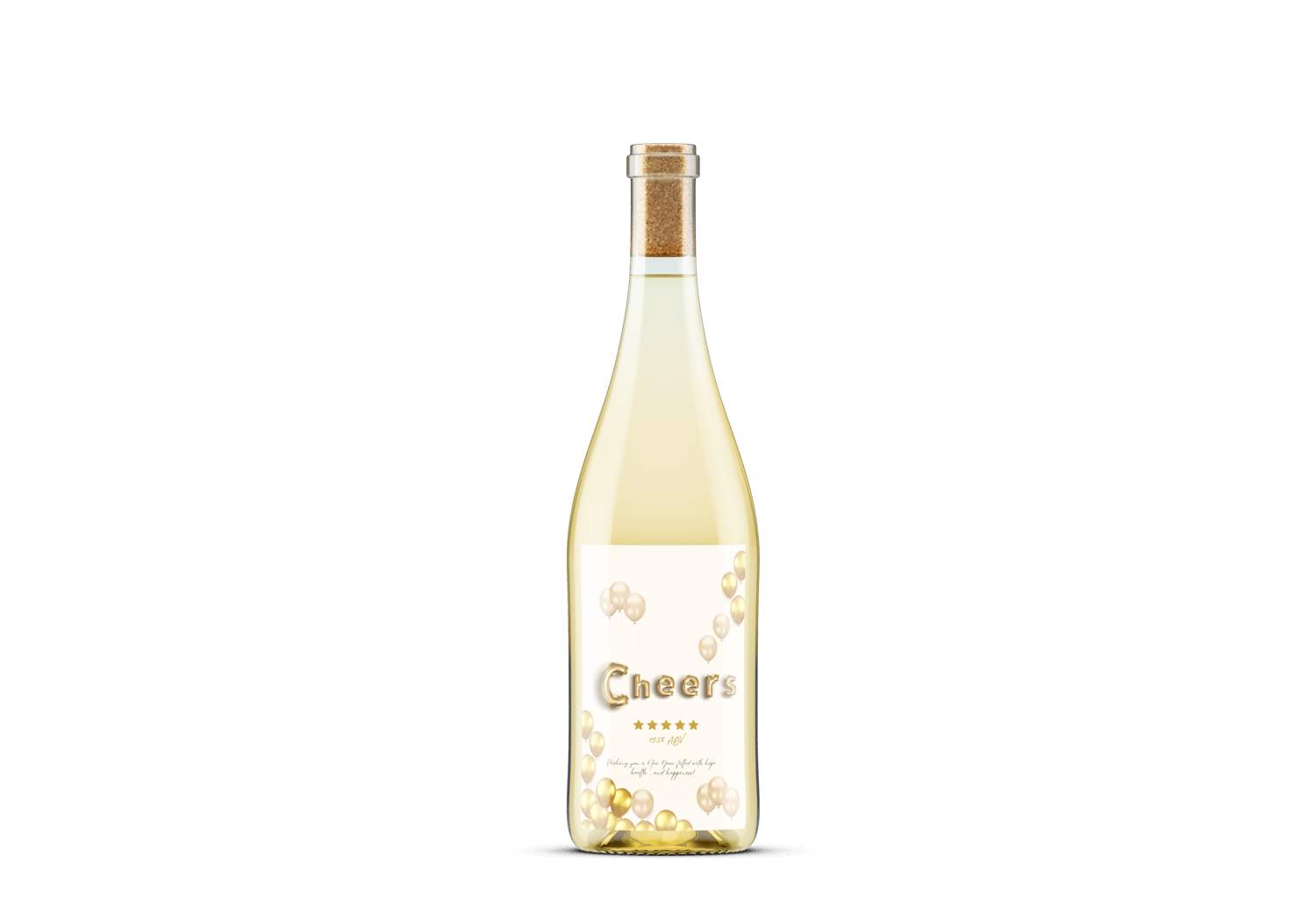 Customizable Cheers Celebration Balloons Sticker Label 4"x6" | Digital Canva Template. Mock sticker on white wine bottle