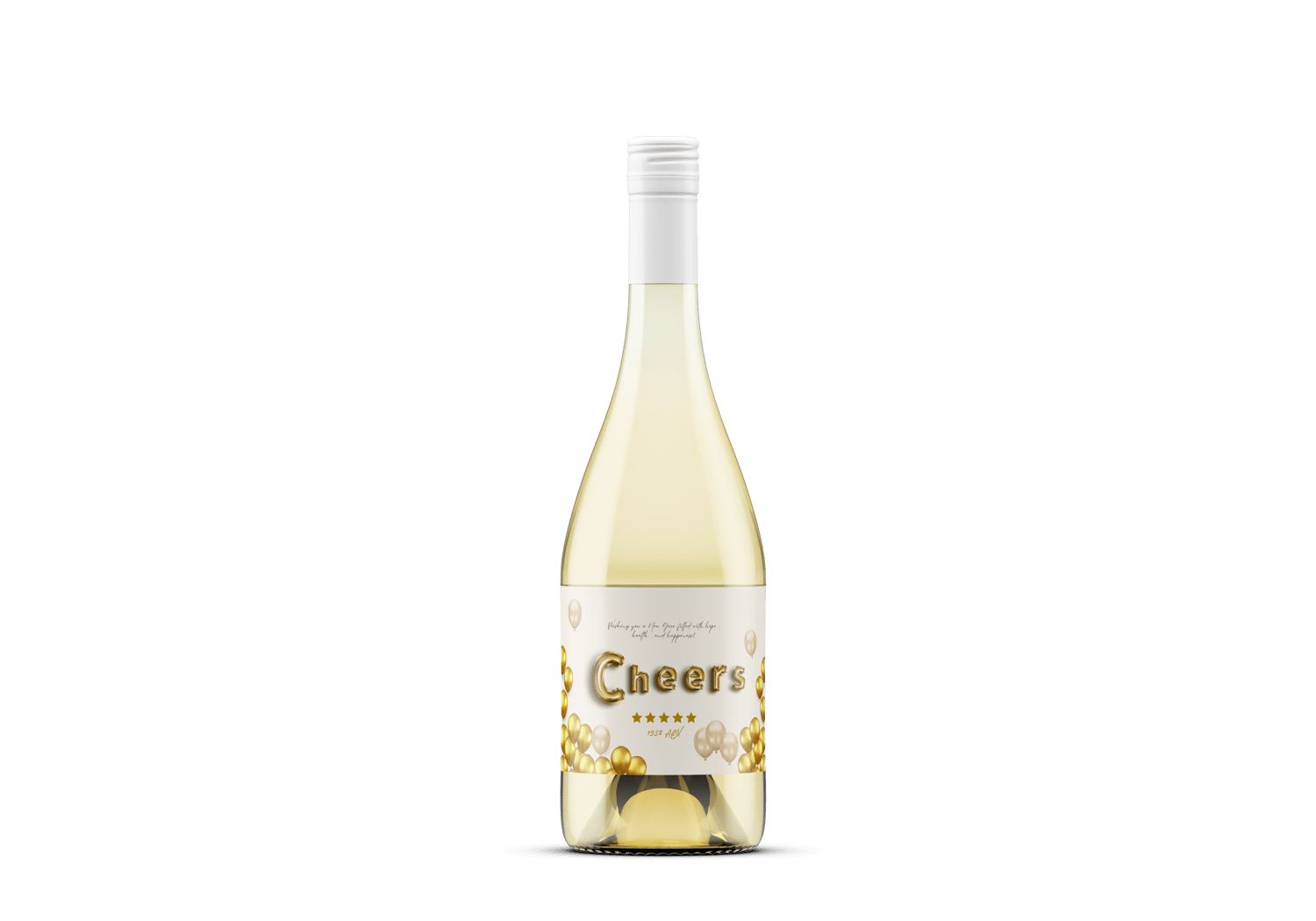 Customizable Cheers Celebration Balloons Sticker Label 6"x4" | Digital Canva Template. Mock sticker on white wine bottle