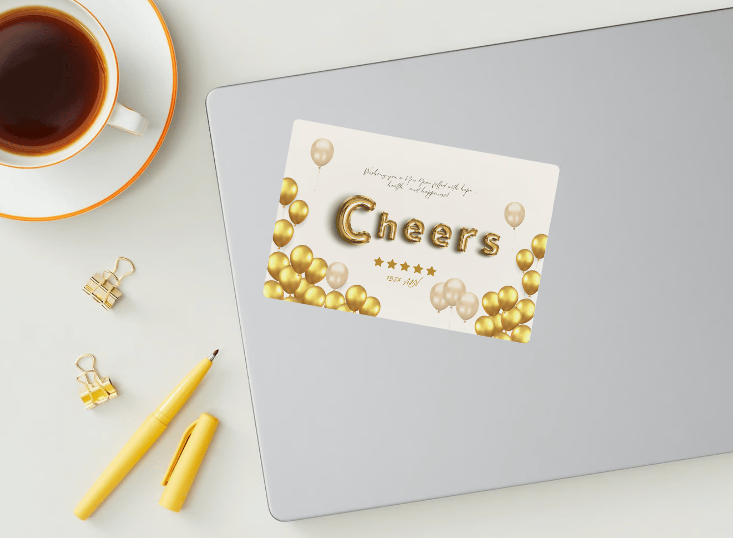 Customizable Cheers Celebration Balloons Sticker Label 6"x4" | Digital Canva Template. Mock sticker on laptop