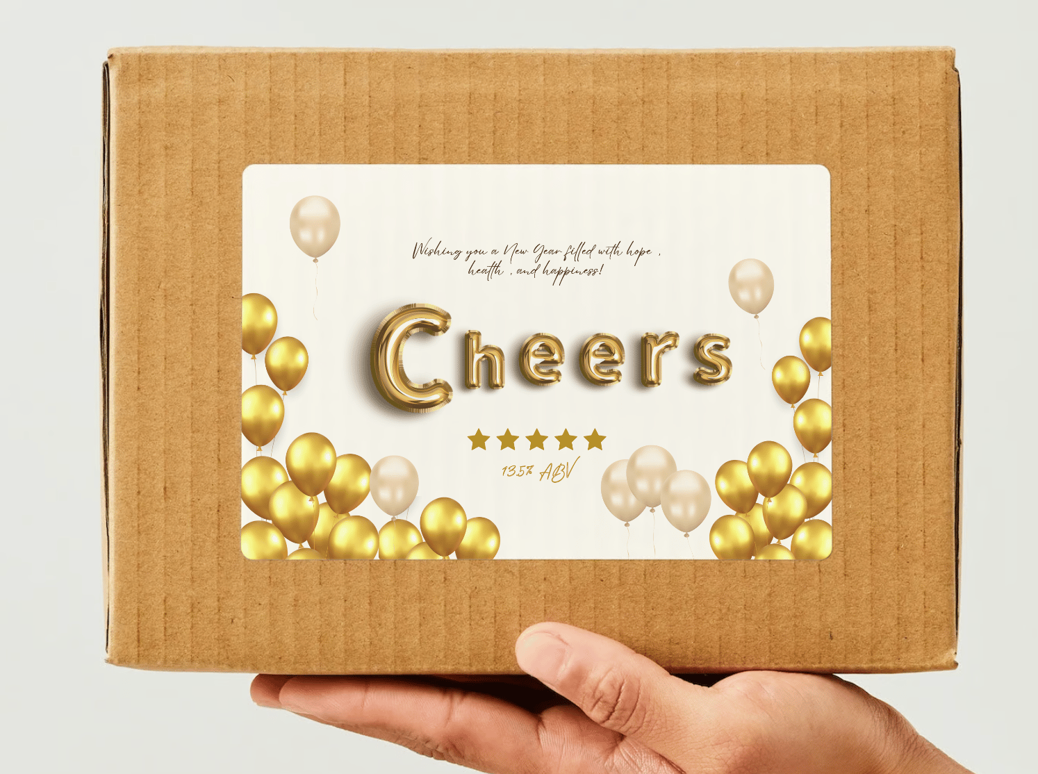 Customizable Cheers Celebration Balloons Sticker Label 6"x4" | Digital Canva Template. Mock sticker on box