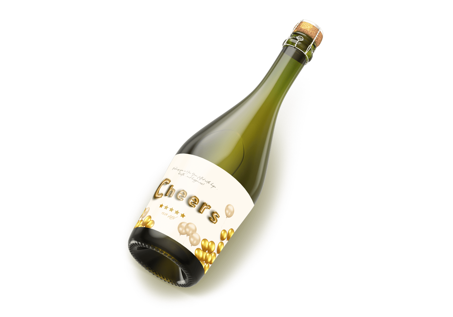 Customizable Cheers Celebration Balloons Sticker Label 6"x4" | Digital Canva Template Mock sticker on dark wine bottle