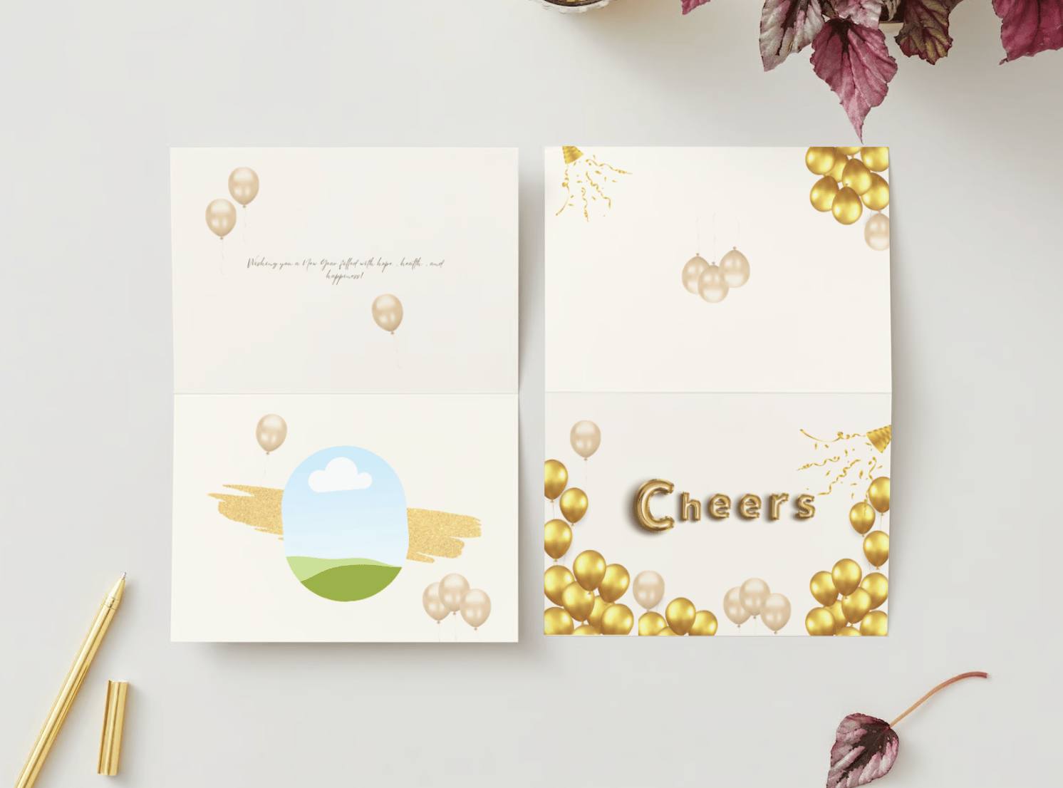 Cheers Celebration Balloons Canva Template Bundle | 6 Customizable Designs | Holiday Season Digital Download. Mock card landscape outside and inside views