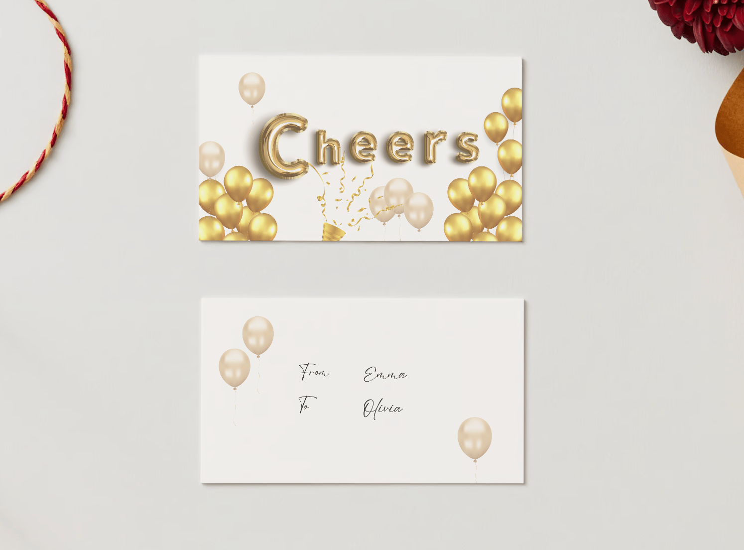 Cheers Celebration Balloons Canva Template Bundle | 6 Customizable Designs | Holiday Season Digital Download. Mock gift tage front and back views