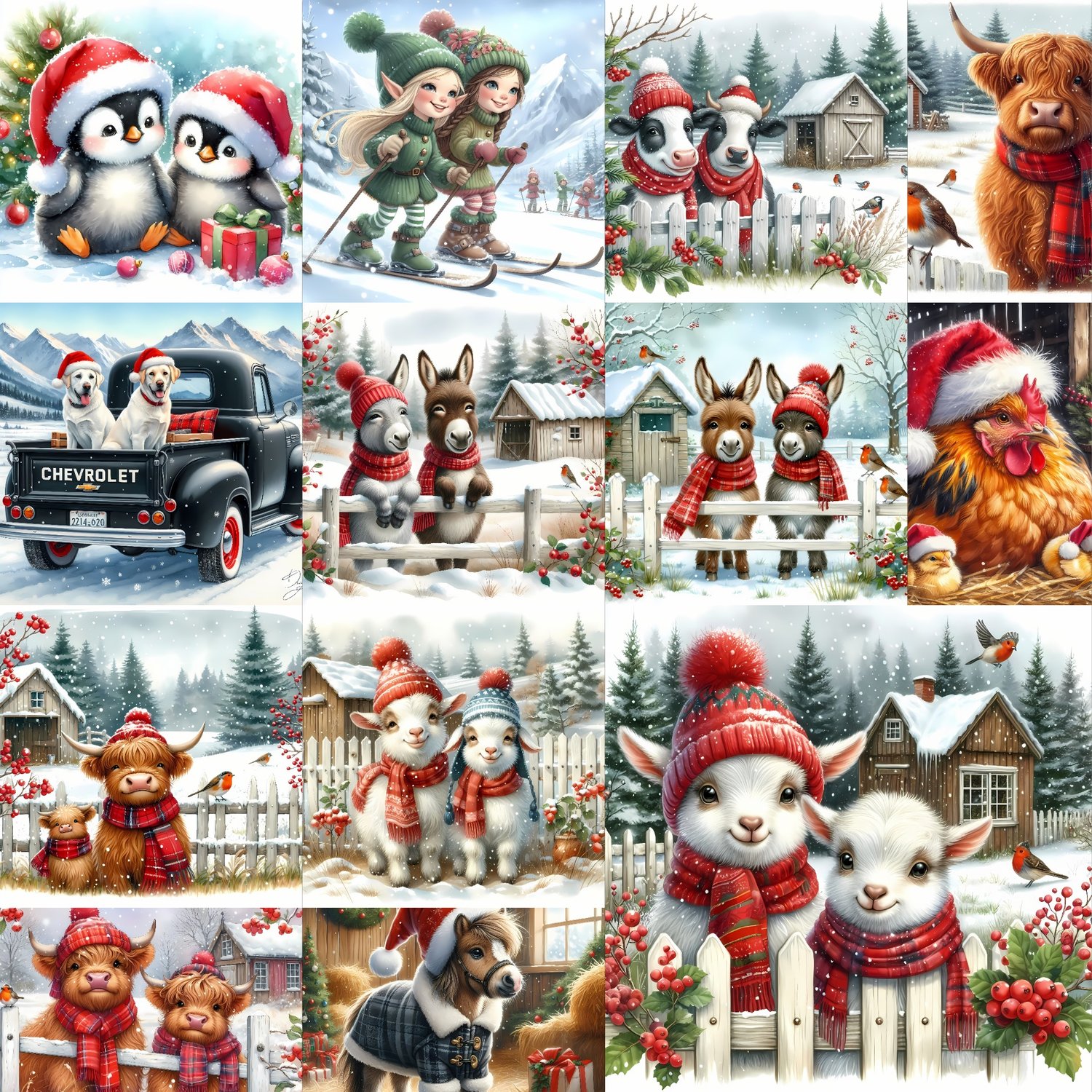 gnomes, whimsical holiday art, Christmas animals, snowmen illustrations, holiday collage, winter magic, festive artwork, Christmas gnomes, Cariad Dzine design, holiday cheer