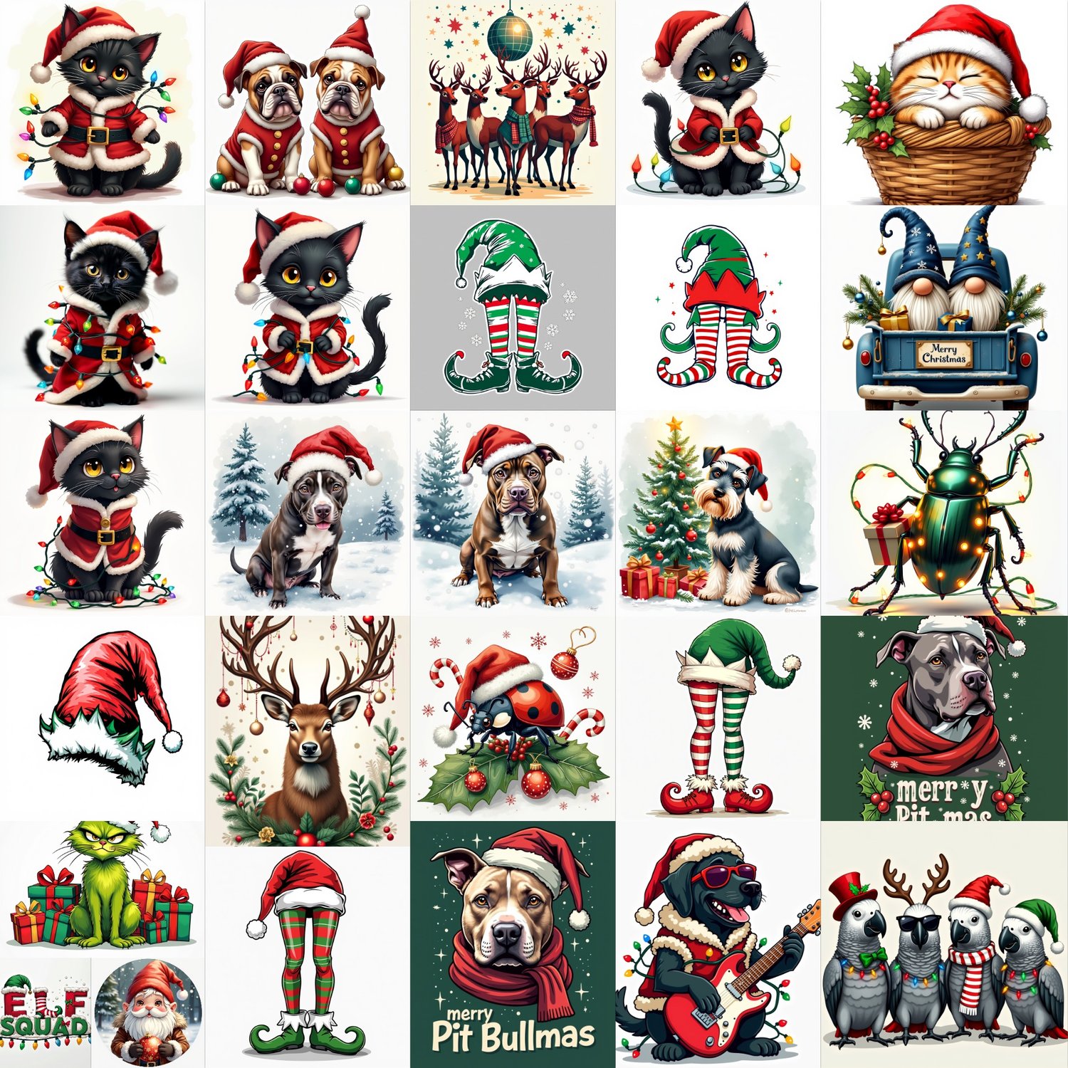 gnomes, whimsical holiday art, Christmas animals, snowmen illustrations, holiday collage, winter magic, festive artwork, Christmas gnomes, Cariad Dzine design, holiday cheer