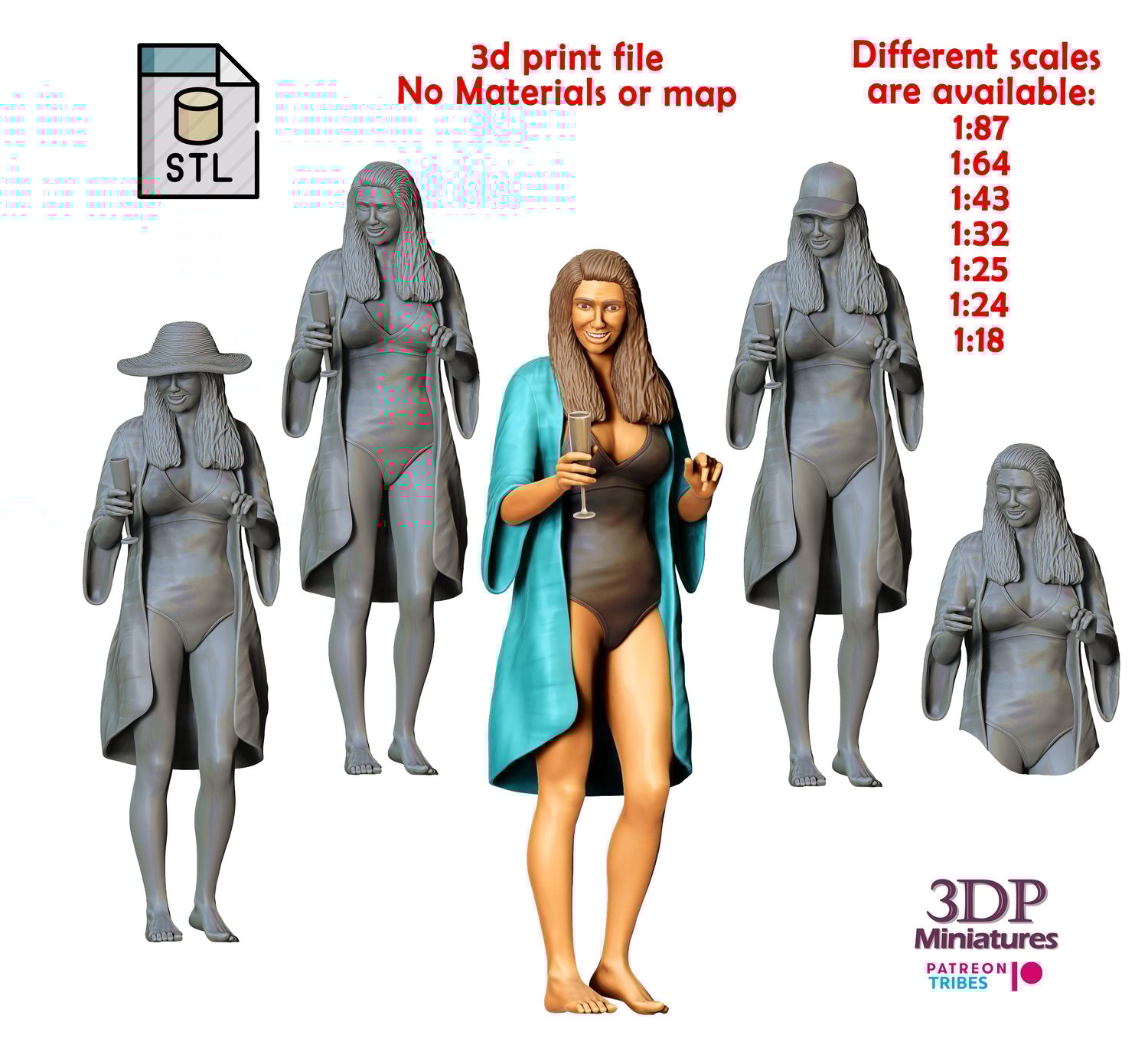 3dp Miniatures, Pool Party woman drinking, STL Files