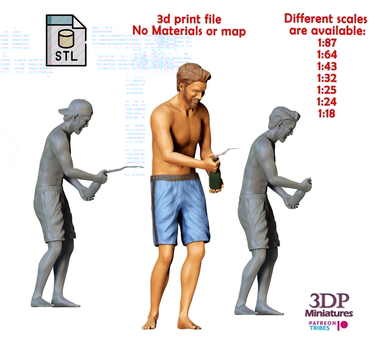 3DP Miniatures, pool Party man opens Champagne bottle, STL Files, 3d print ready