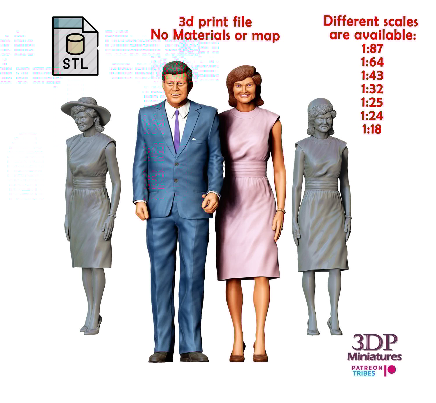 3DP Miniatures, John F Kennedy USA president and Jacqueline Kennedy Onassis, STL Files, 3D Print Files