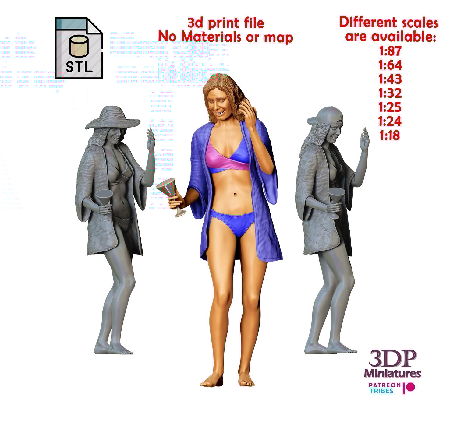3DP Miniatures,  pool Party woman Drinking, STL Files, 3D Print Files