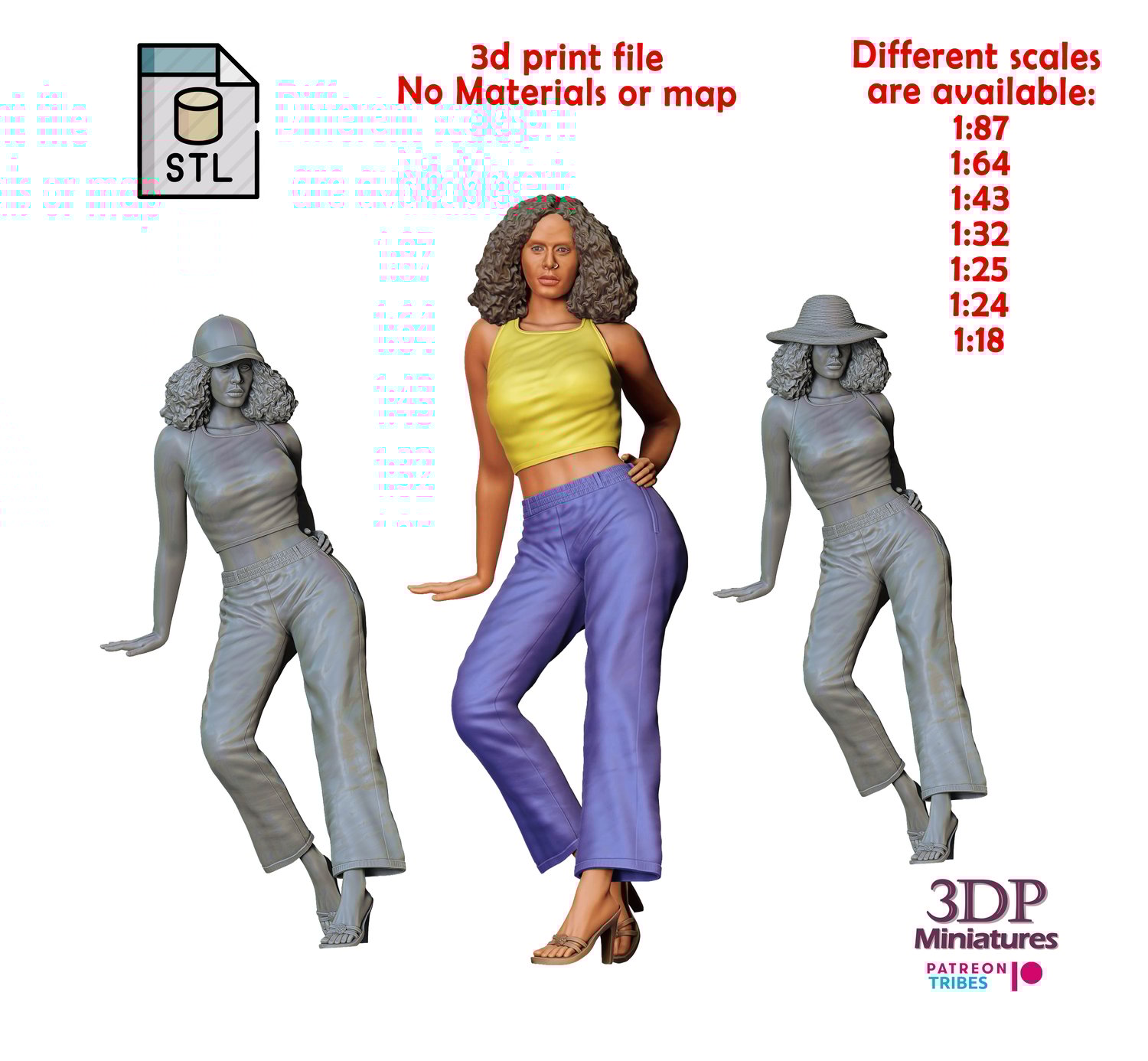 3DP Miniatures, a woman leaning on a car, STL Files, 3D Printable Files
