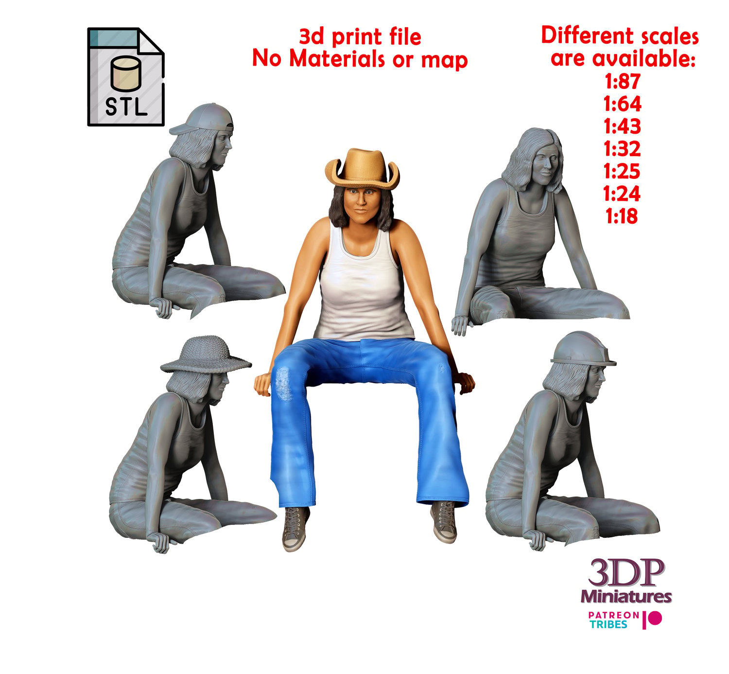 Woman sitting on the back of pickup truck, 3DP Miniatures, STL Files, 3D Printable Model
