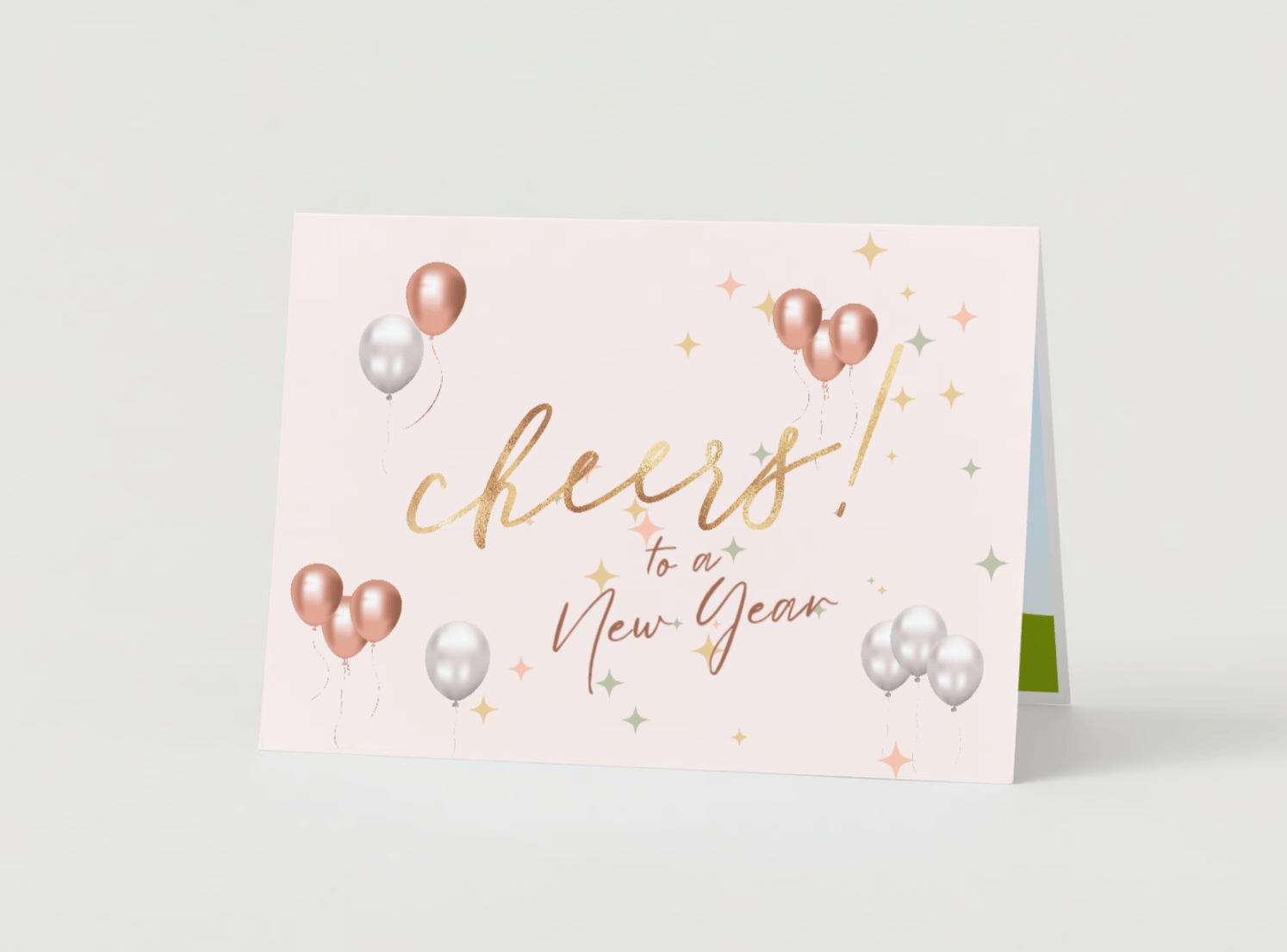 Customizable Cheers to New Year Celebration Folded Card Landscape | Digital Canva Template. Mock card outside front view