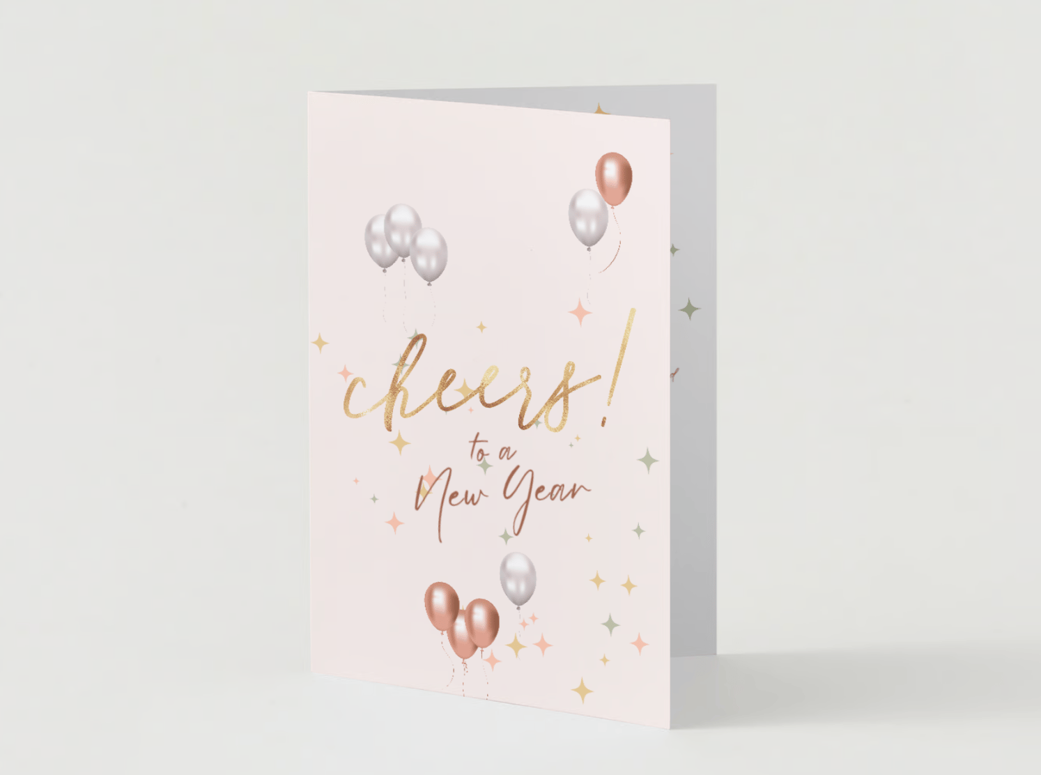 Customizable Cheers to New Year Celebration Folded Card Portrait | Digital Canva Template. Mock card outside front view