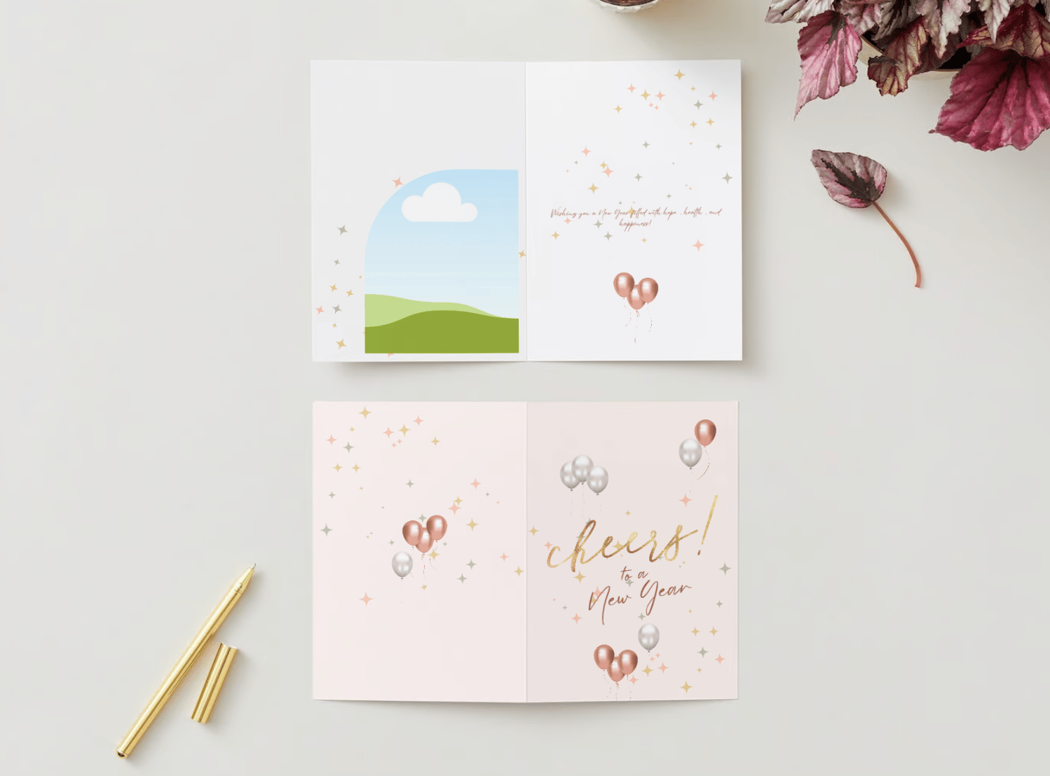 Customizable Cheers to New Year Celebration Folded Card Portrait | Digital Canva Template. Mock card outside and inside views