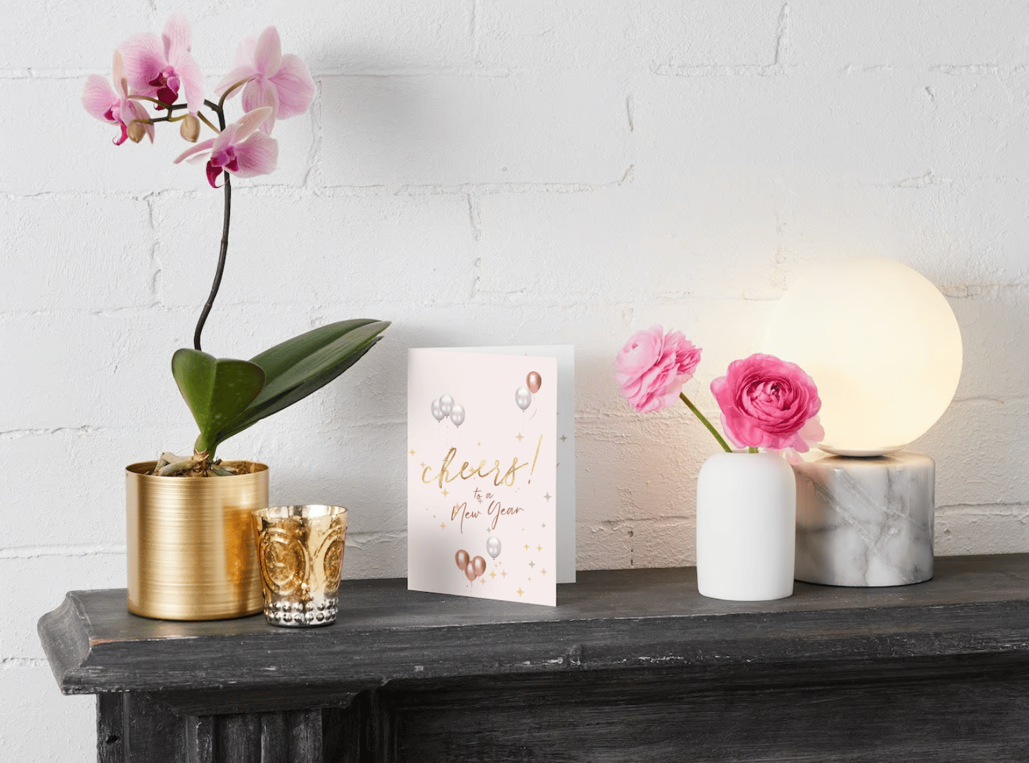Customizable Cheers to New Year Celebration Folded Card Portrait | Digital Canva Template. Mock card outside front view as display