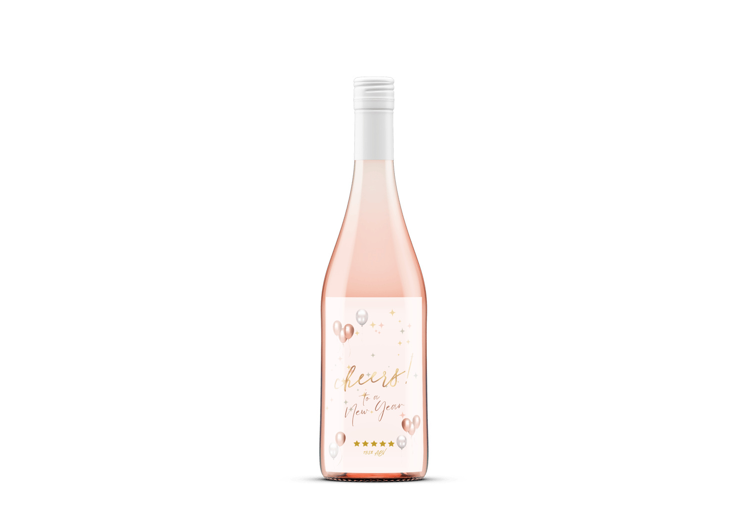 Customizable Cheers to New Year Celebration Sticker Label 4"x6" | Digital Canva Template. Mock sticker on rose wine bottle
