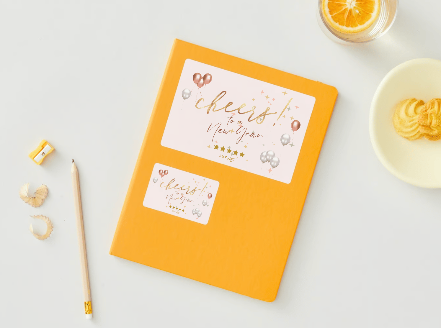 Customizable Cheers to New Year Celebration Sticker Label 6"x4" | Digital Canva Template. Mock stickers in various sizes on envelope