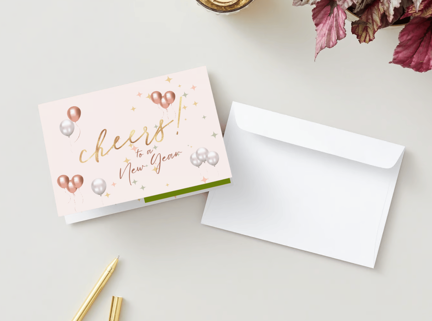 Cheers to New Year Celebration Canva Template Bundle | 6 Customizable Designs | Holiday Season Digital Download. Mock card landscape outside front view