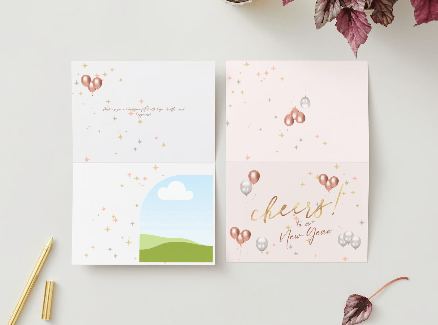Cheers to New Year Celebration Canva Template Bundle | 6 Customizable Designs | Holiday Season Digital Download. Mock card landscape outside and inside views