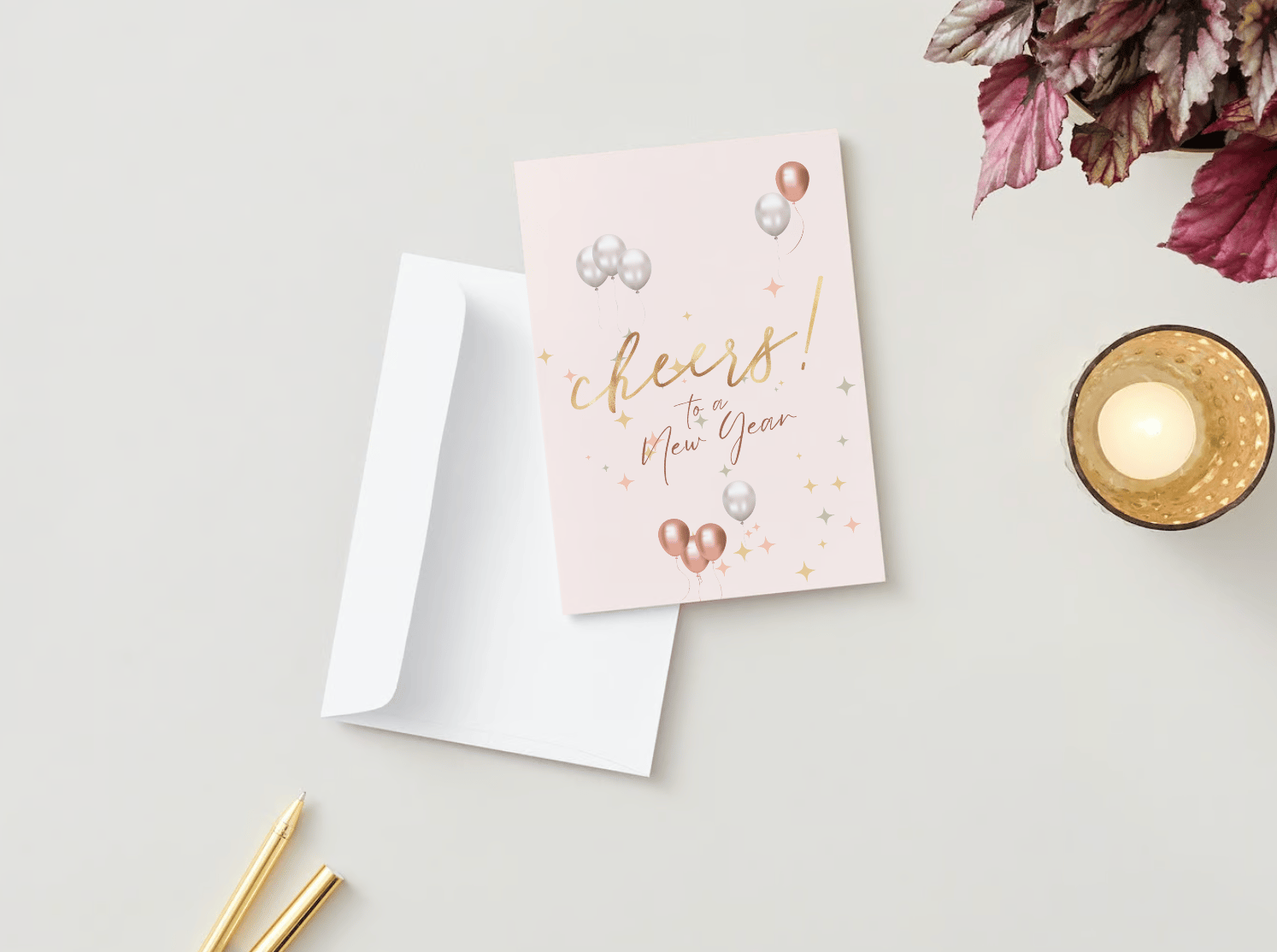Cheers to New Year Celebration Canva Template Bundle | 6 Customizable Designs | Holiday Season Digital Download. Mock card portrait outside front view
