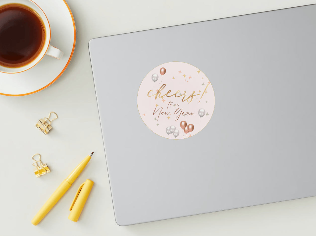 Cheers to New Year Celebration Canva Template Bundle | 6 Customizable Designs | Holiday Season Digital Download. Mock circle sticker on laptop