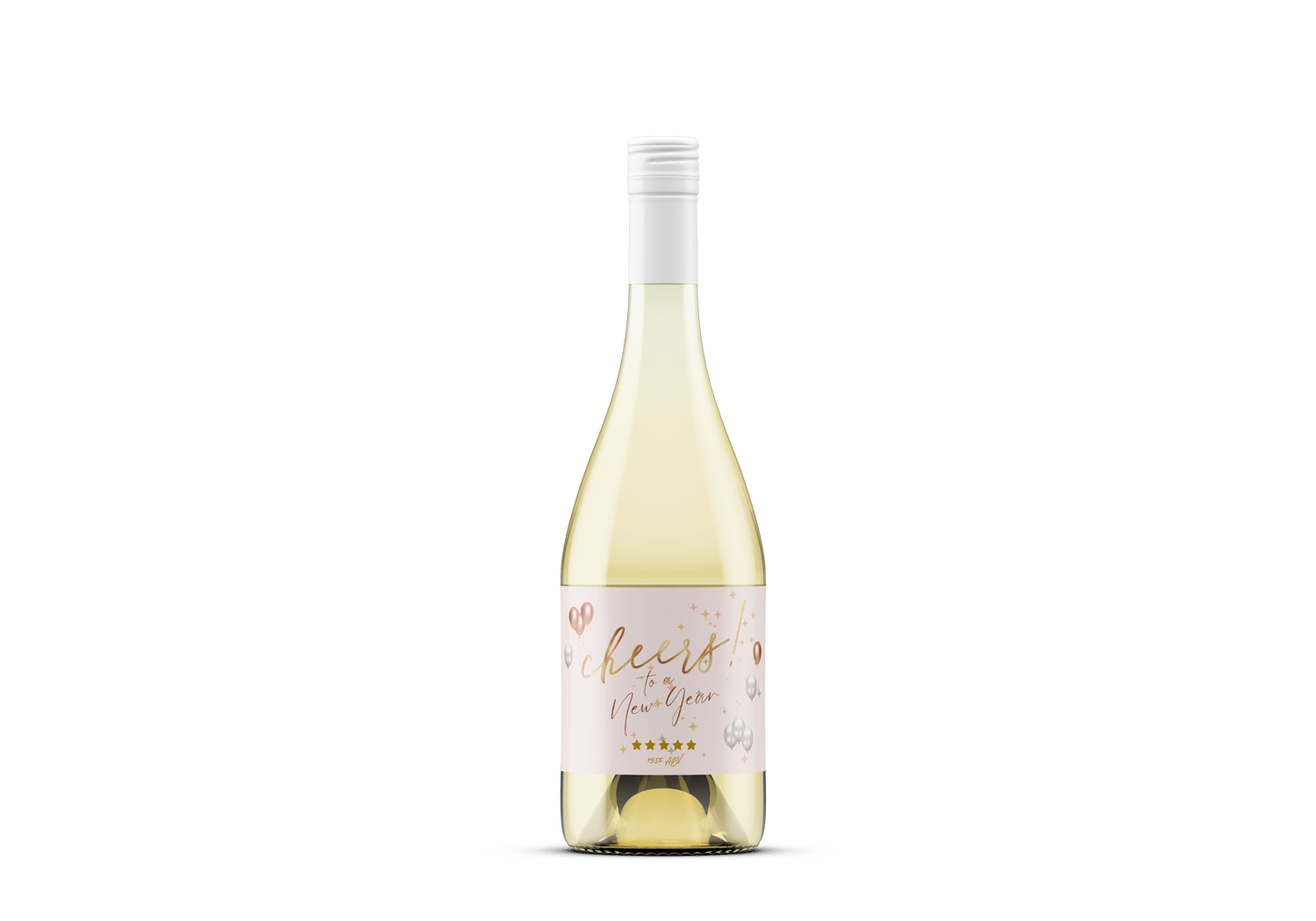 Cheers to New Year Celebration Canva Template Bundle | 6 Customizable Designs | Holiday Season Digital Download. Mock sticker label landscape on white wine bottle