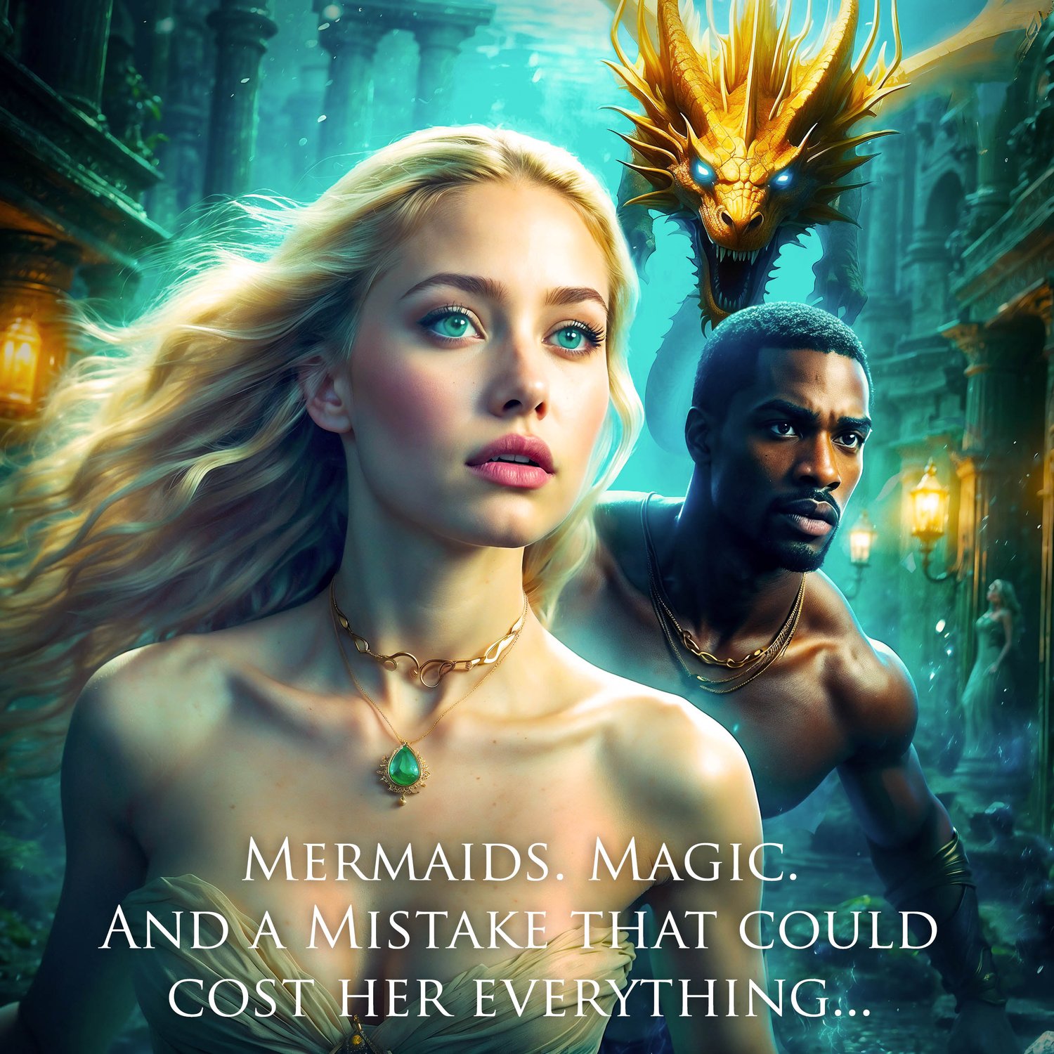 A young blond mermaid princess and a Black young male warrior flee through the underwater ruins of a city while being pursued by a fierce golden dragon. Text: Mermaids. Magic. And a mistake that could cost her everything...