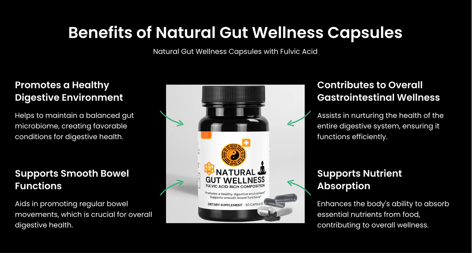 The formulation of our Natural Gut Wellness Capsules promotes a harmonious digestive environment, aids in smooth bowel functions, and contributes to overall gastrointestinal wellness. These capsules are an ideal addition to your daily regimen, designed to assist in sustaining the natural equilibrium of your gut's ecosystem, complementing a balanced diet and supporting the body's nutritional needs.