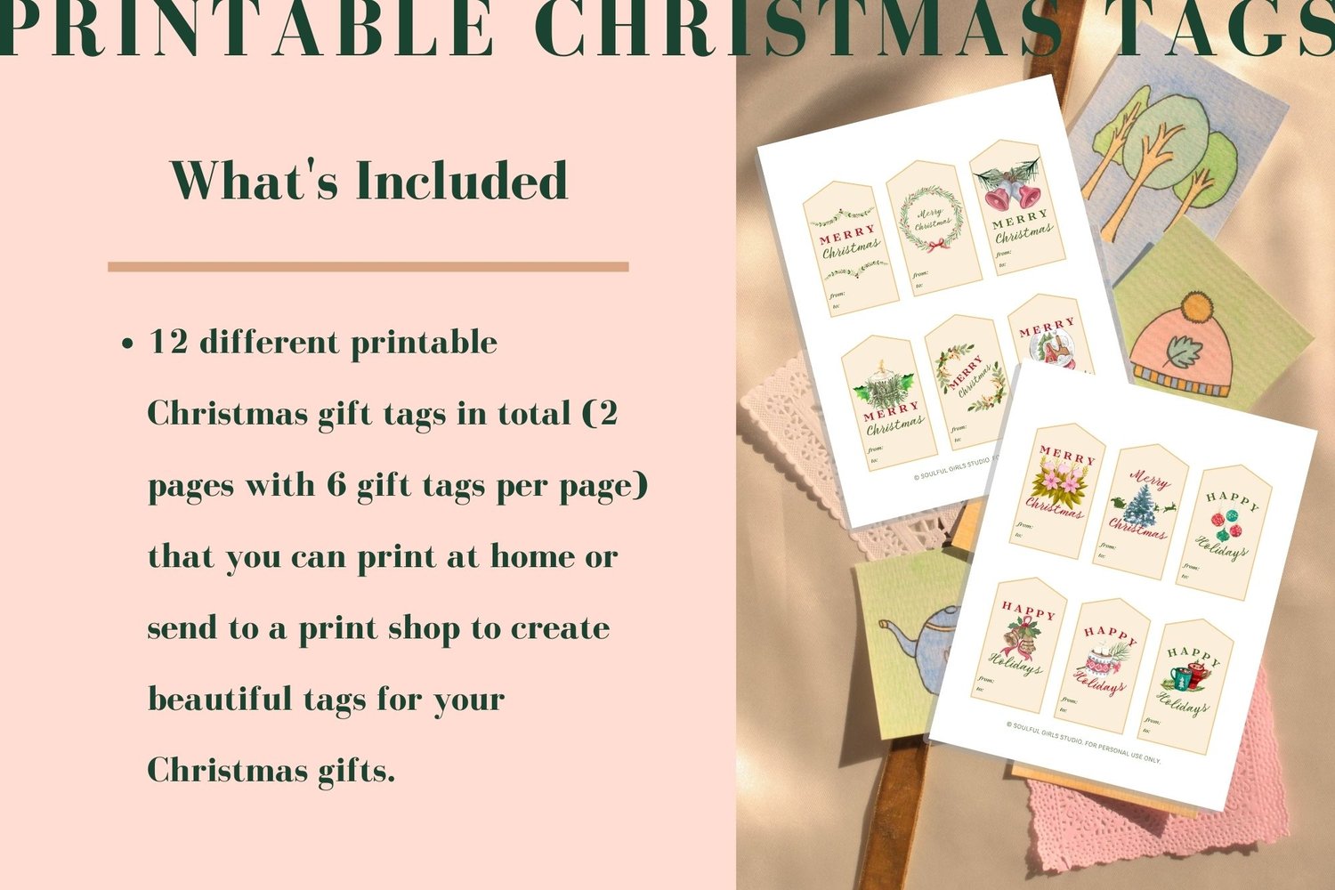This printable Christmas gift tag collection includes 12 different gift tag designs.