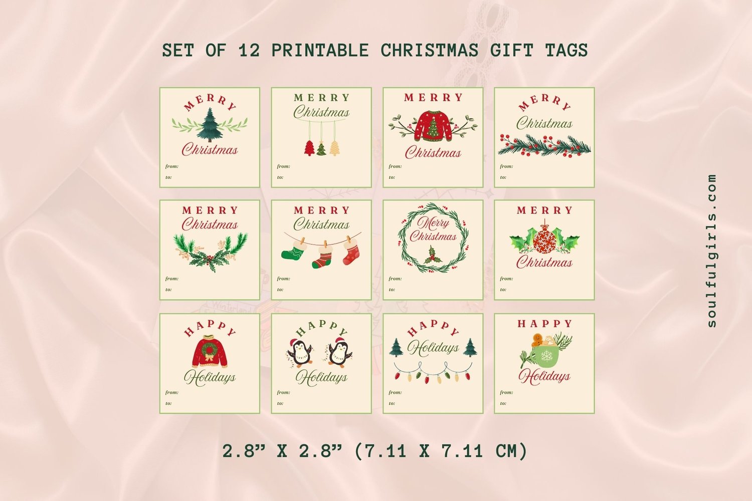 Set of 12 printable Christmas gift tags.